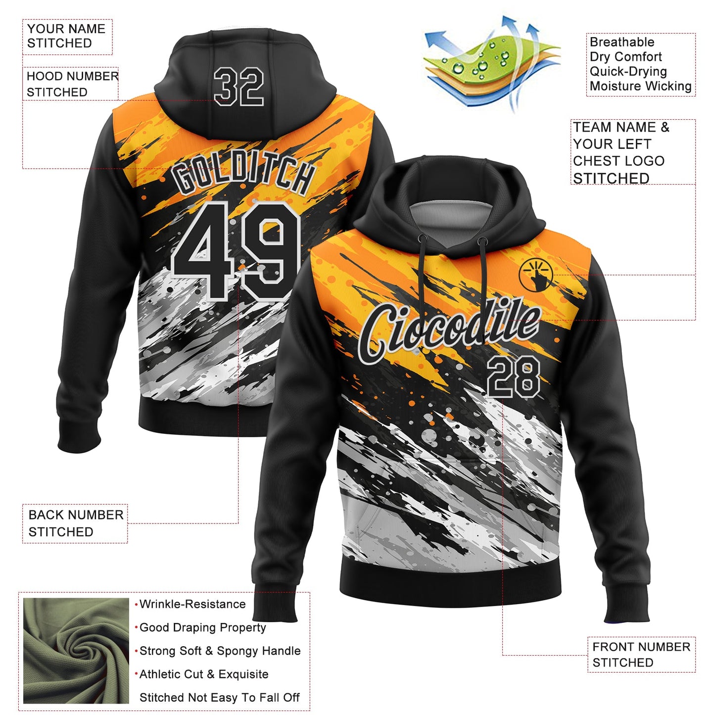 Custom Stitched Black Yellow-Gray 3D Pattern Design Splash Sports Pullover Sweatshirt Hoodie view 2