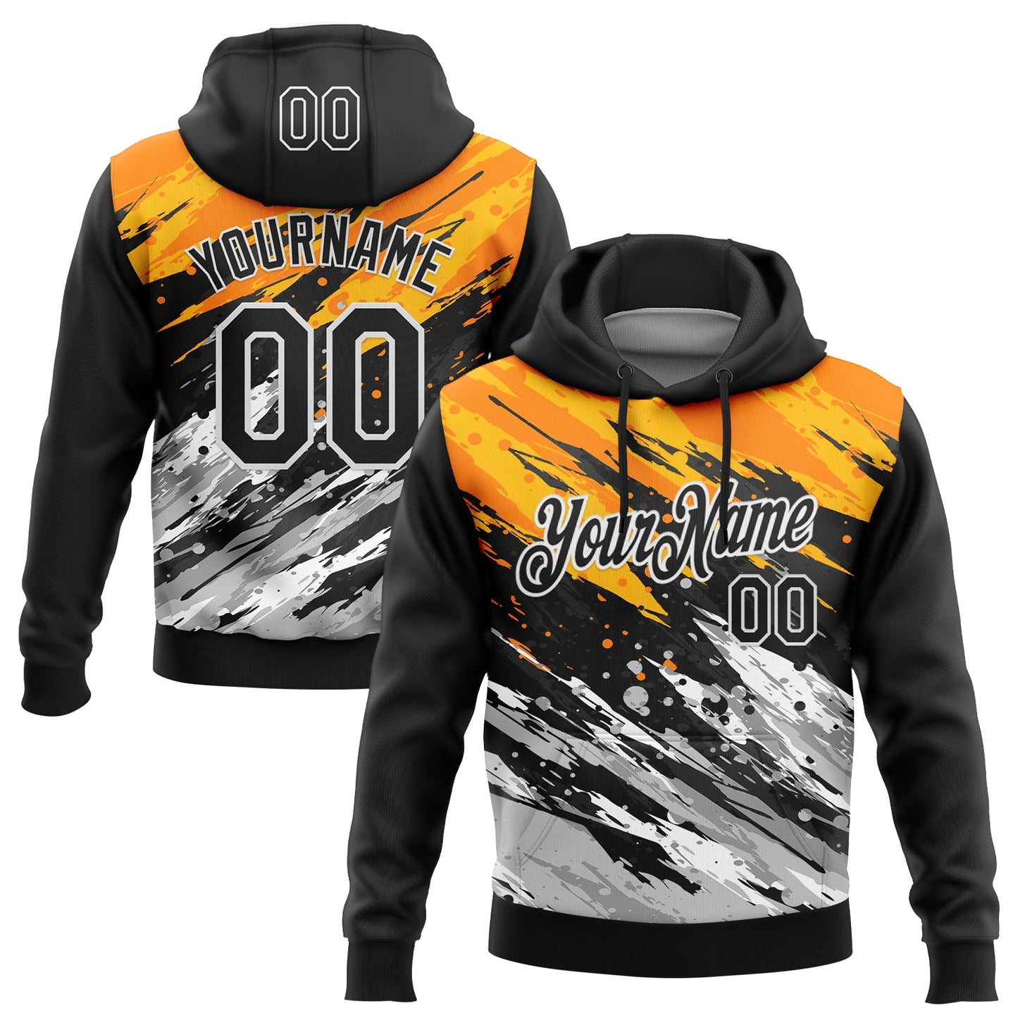 Custom Stitched Black Yellow-Gray 3D Pattern Design Splash Sports Pullover Sweatshirt Hoodie - Main View