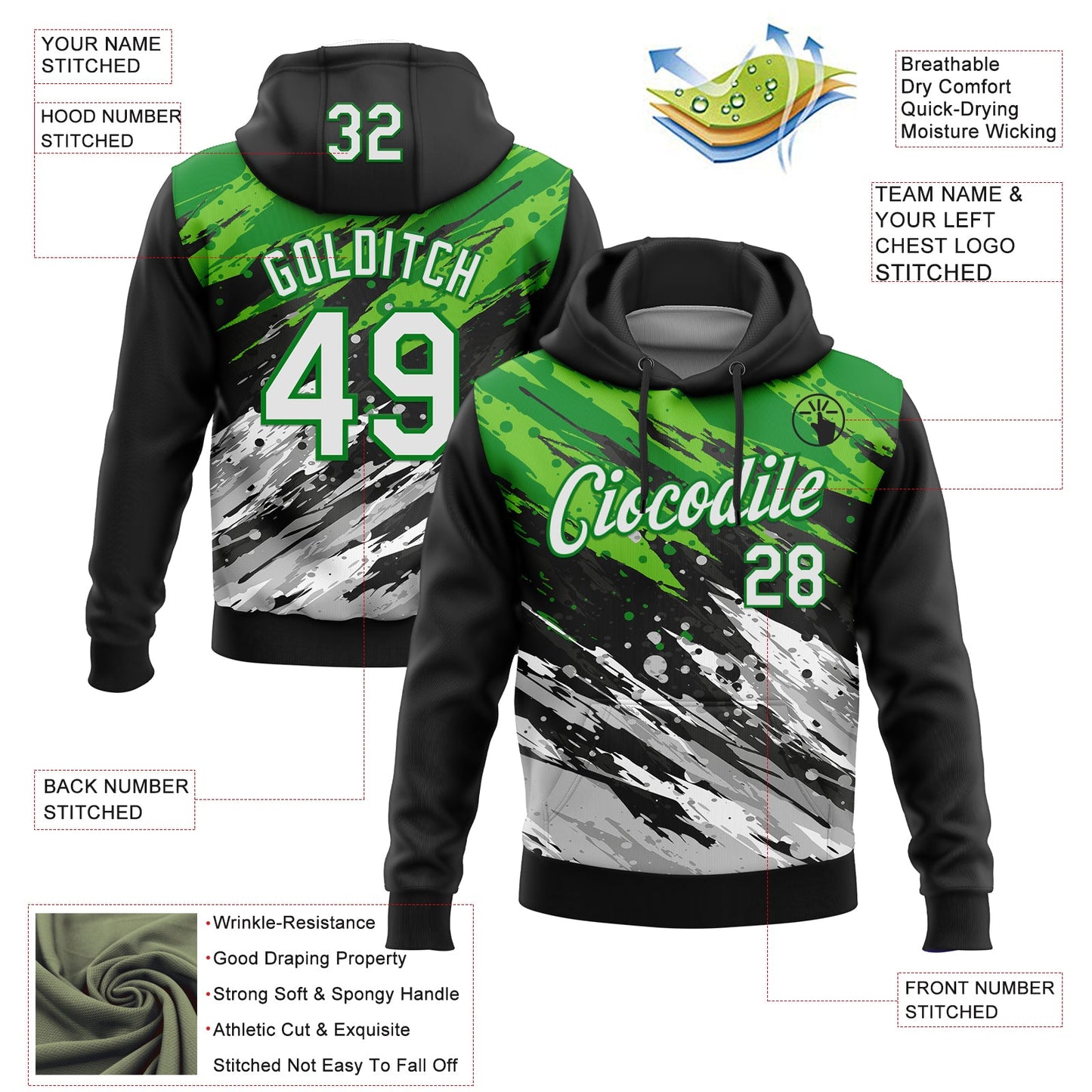 Custom Stitched Black White Grass Green-Gray 3D Pattern Design Splash Sports Pullover Sweatshirt Hoodie view 2