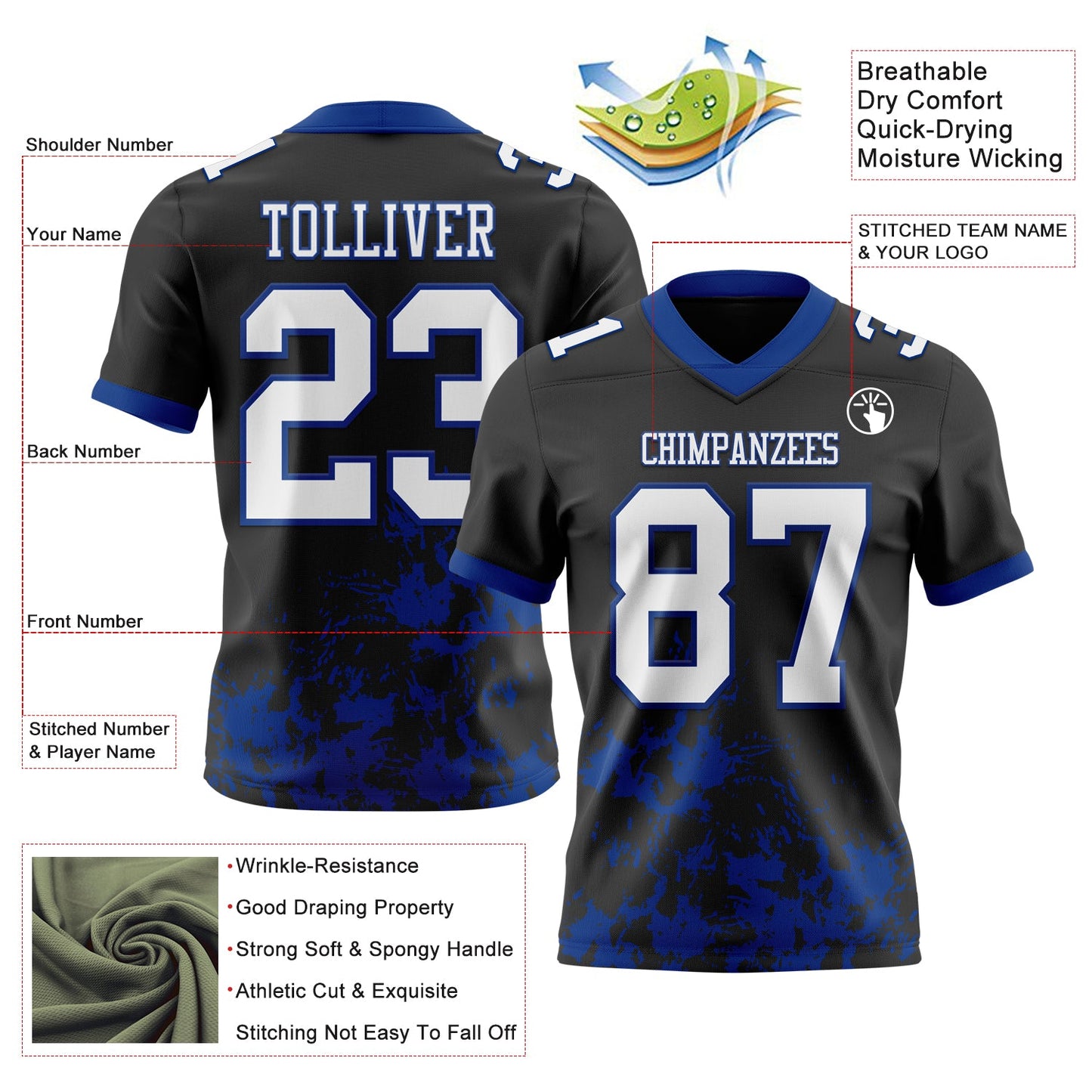 Custom Black White-Royal 3D Pattern Splash Authentic Football Jersey view 2
