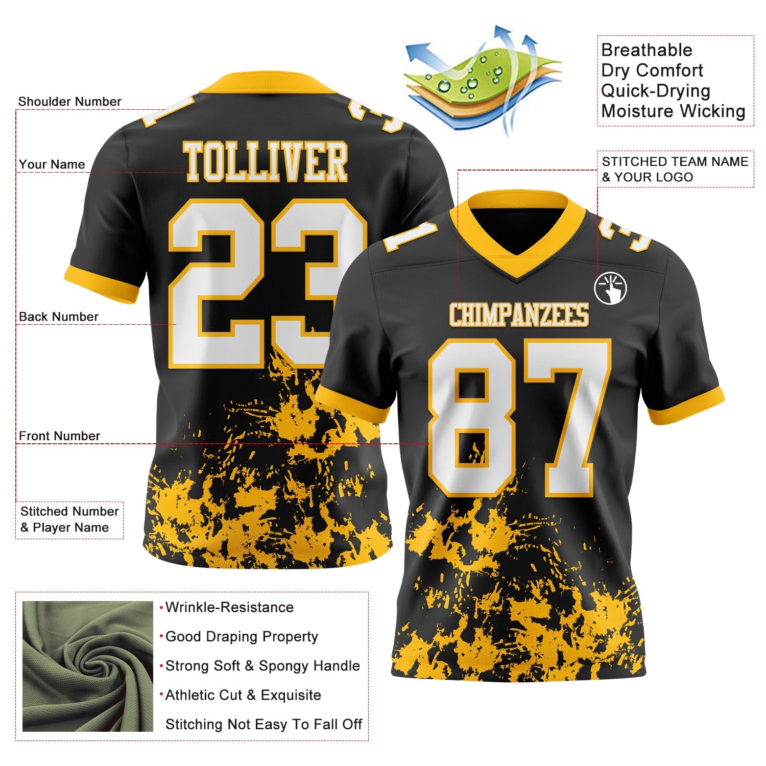 Custom Black White-Gold 3D Pattern Splash Authentic Football Jersey view 2