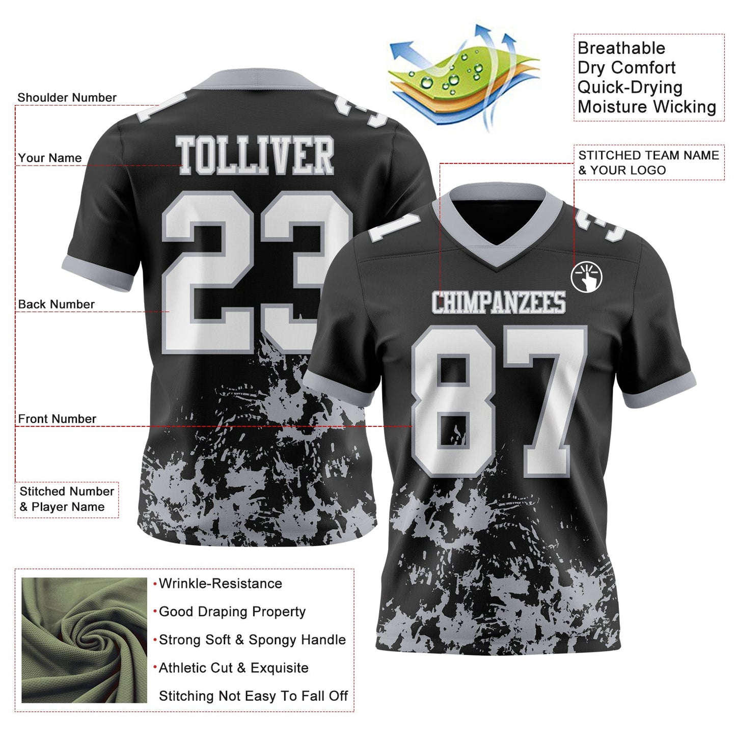 Custom Black White-Gray 3D Pattern Splash Authentic Football Jersey view 2