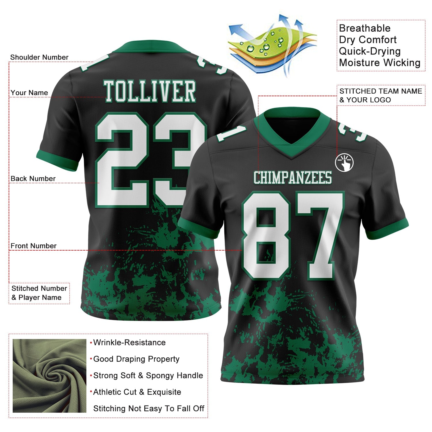 Custom Black White-Kelly Green 3D Pattern Splash Authentic Football Jersey view 2