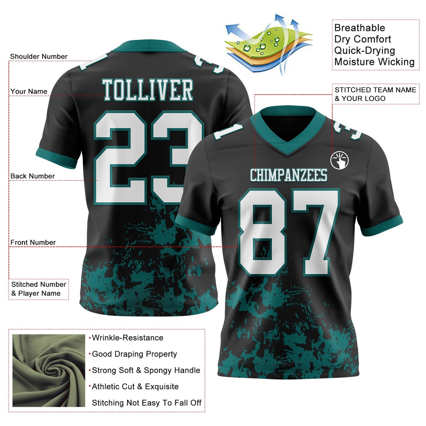 Custom Black White-Teal 3D Pattern Splash Authentic Football Jersey view 2