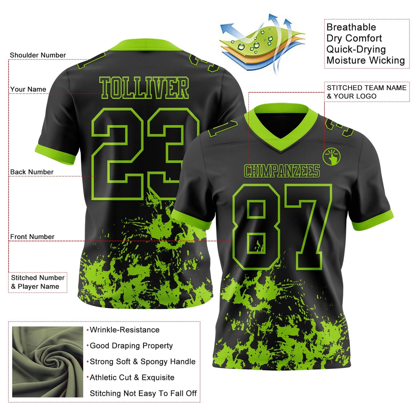 Custom Black Neon Green 3D Pattern Splash Authentic Football Jersey view 2