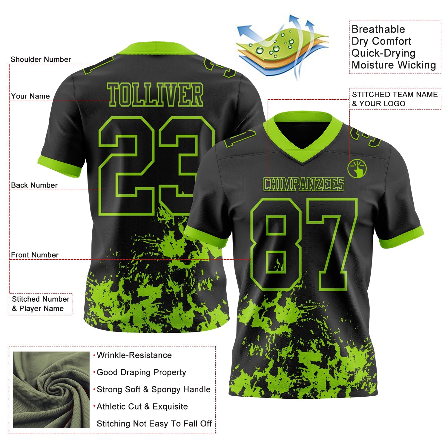 Custom Black Neon Green 3D Pattern Splash Authentic Football Jersey view 2