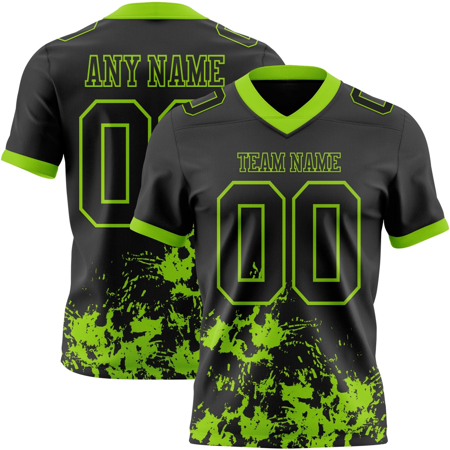 Custom Black Neon Green 3D Pattern Splash Authentic Football Jersey - Main View