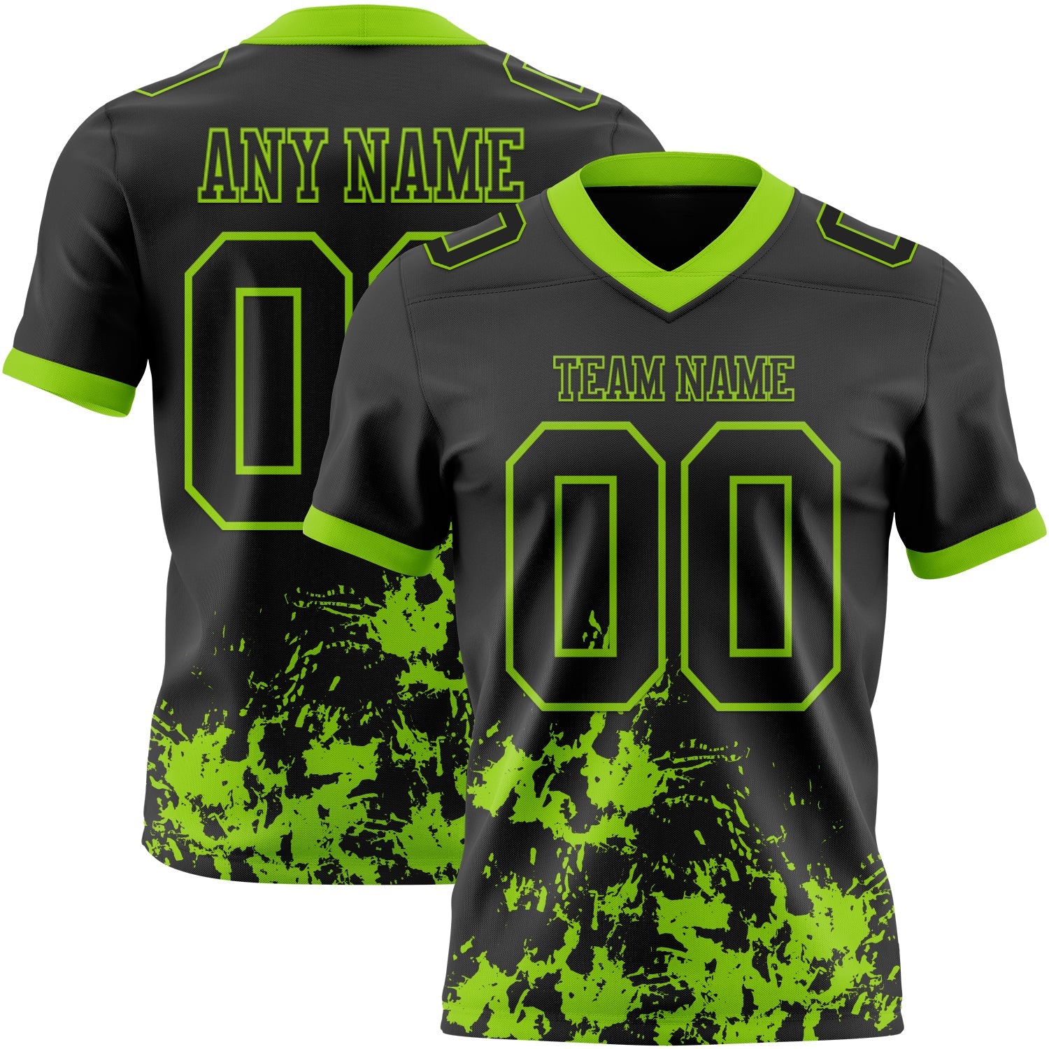 Custom Black Neon Green 3D Pattern Splash Authentic Football Jersey - Main View