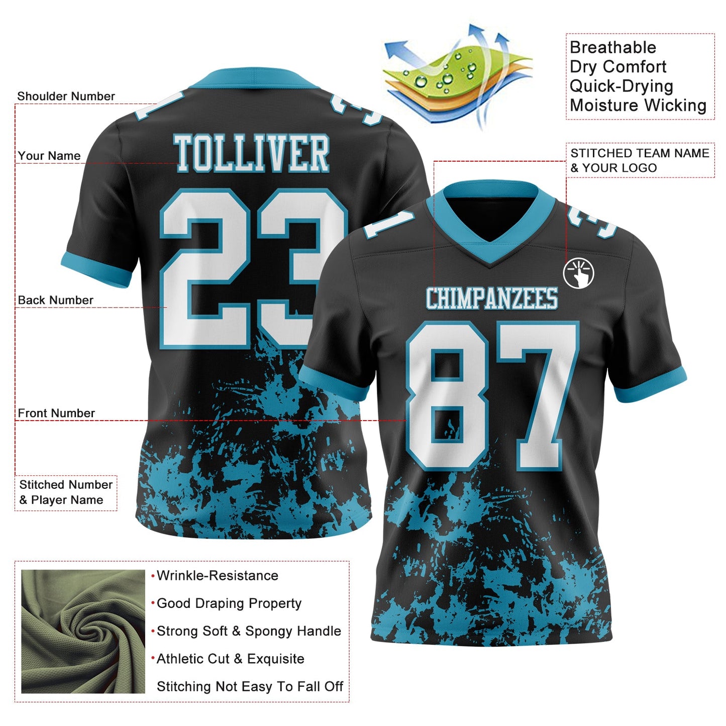 Custom Black White-Panther Blue 3D Pattern Splash Authentic Football Jersey view 2