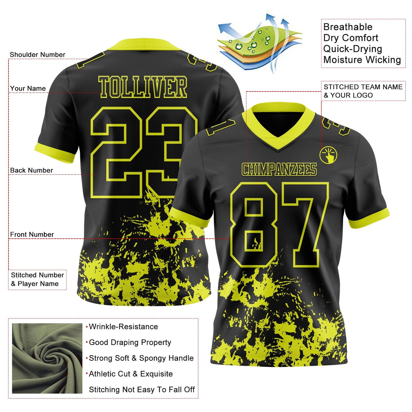 Custom Black Neon Yellow 3D Pattern Splash Authentic Football Jersey view 2