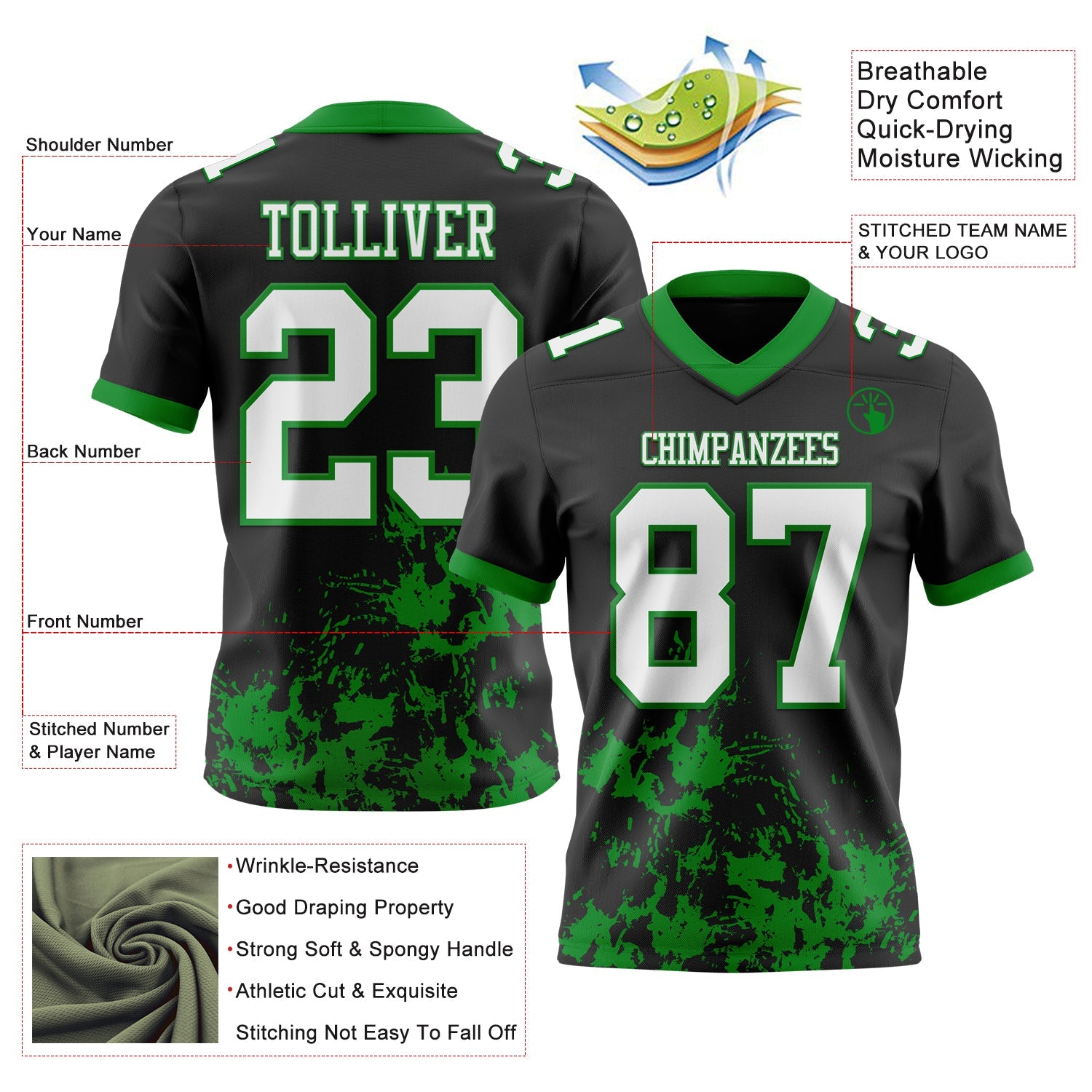 Custom Black White-Grass Green 3D Pattern Splash Authentic Football Jersey view 2