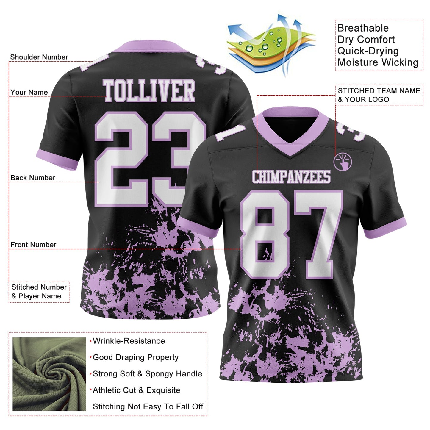 Custom Black White-Light Purple 3D Pattern Splash Authentic Football Jersey view 2