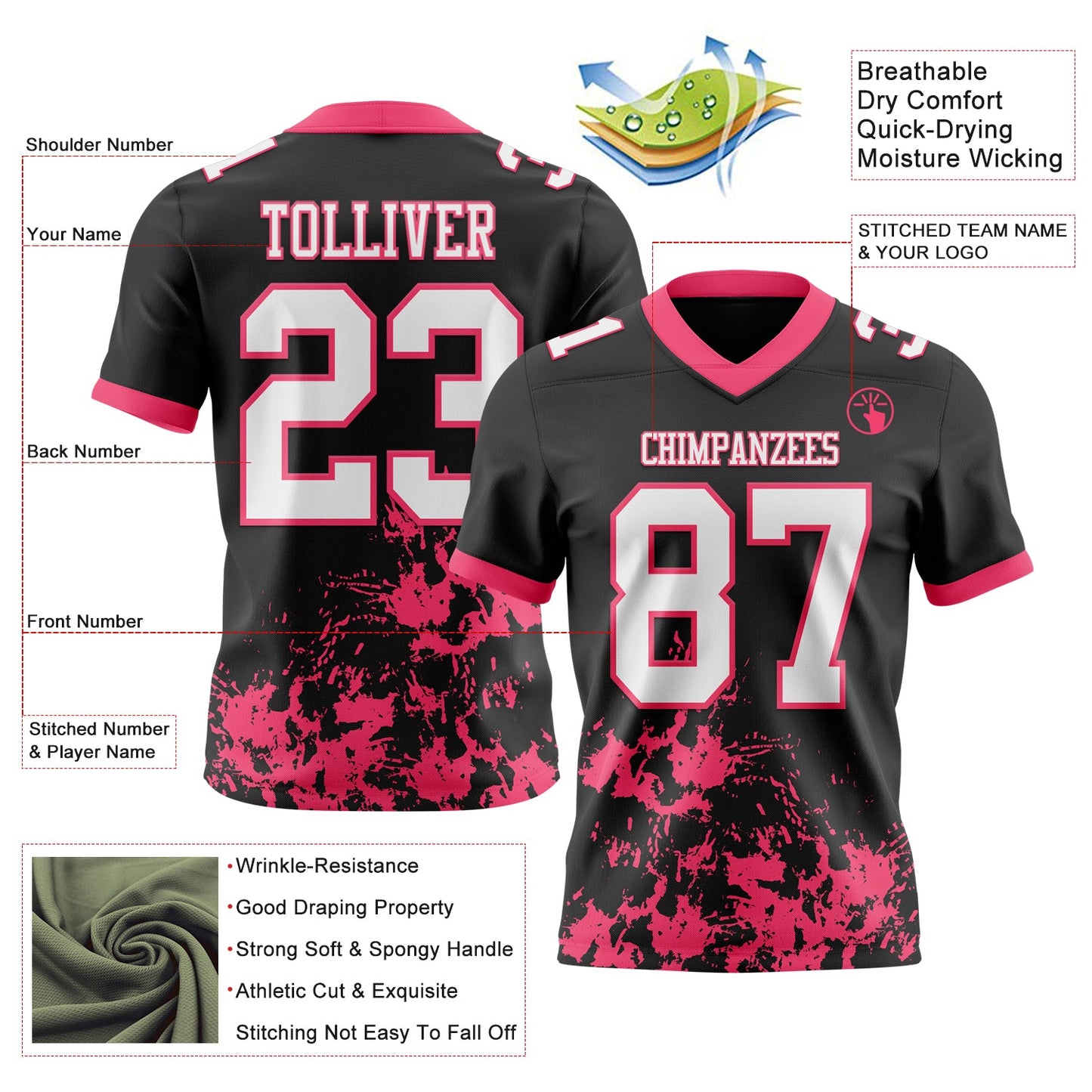 Custom Black White-Neon Pink 3D Pattern Splash Authentic Football Jersey view 2