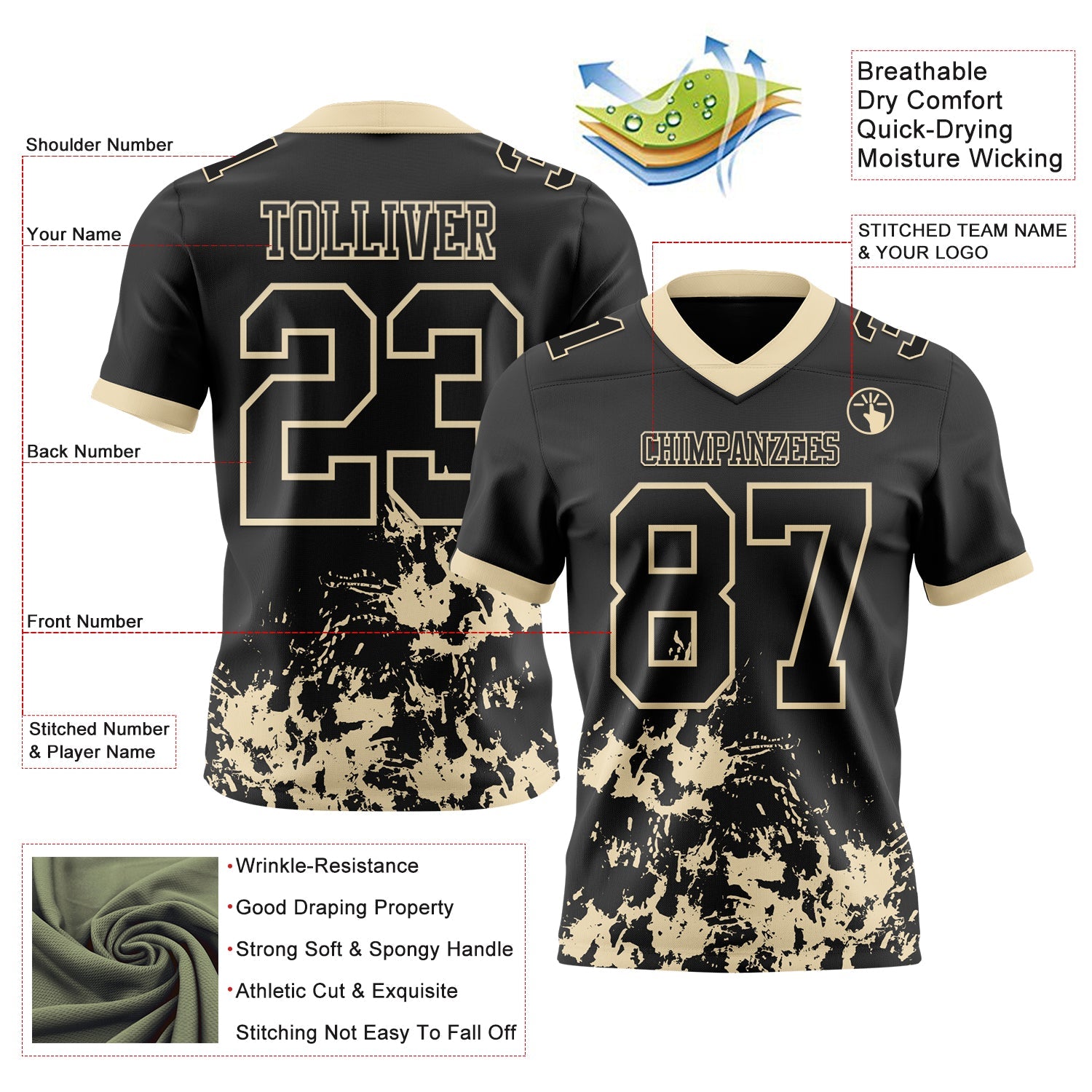 Custom Black Cream 3D Pattern Splash Authentic Football Jersey view 2