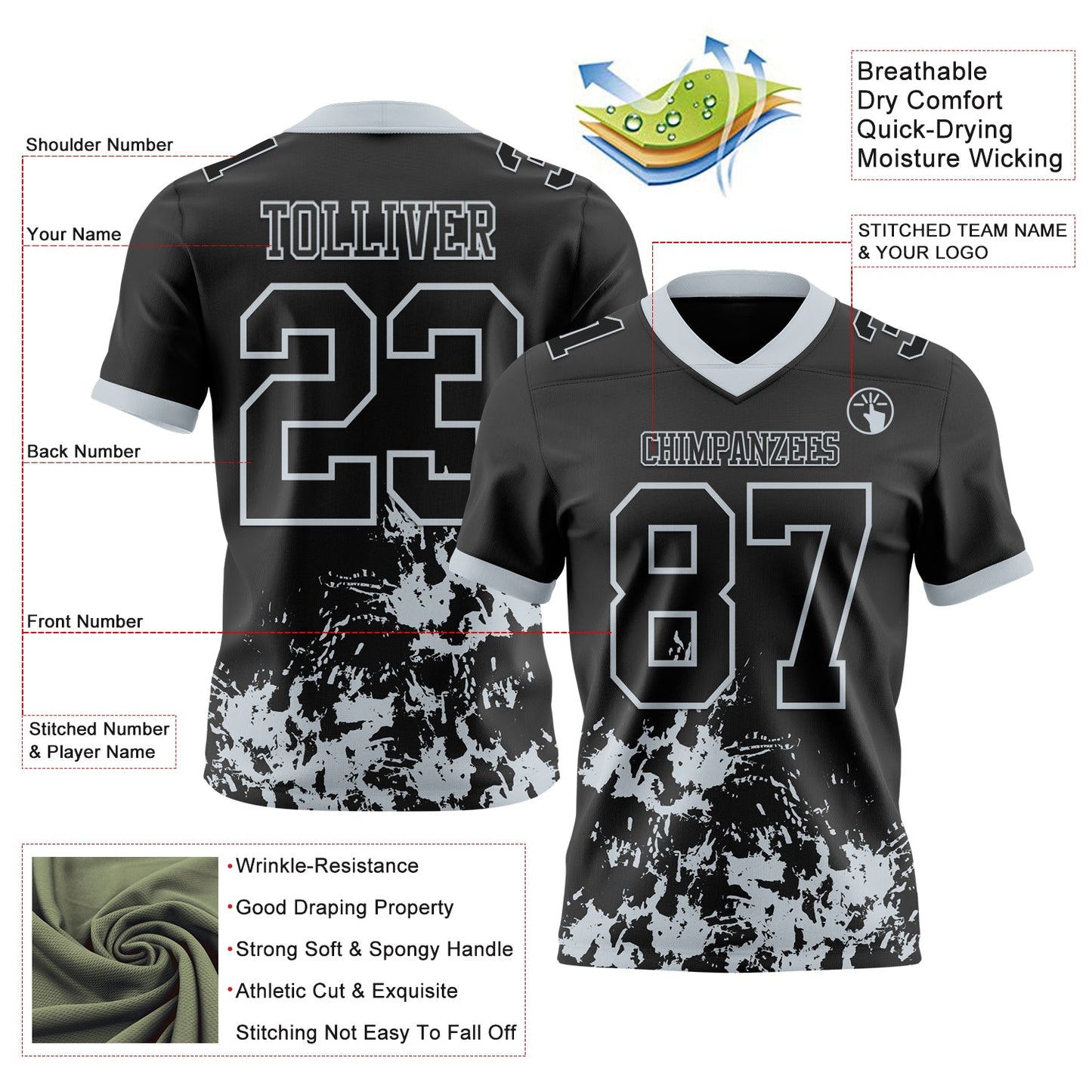 Custom Black Silver 3D Pattern Splash Authentic Football Jersey view 2