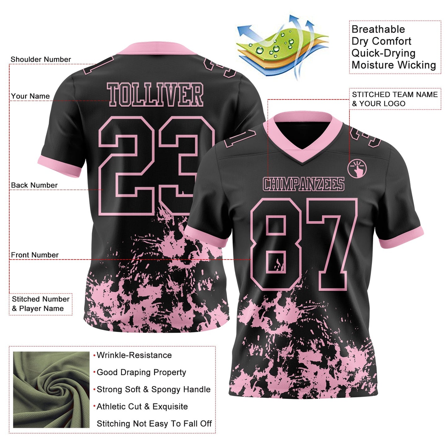 Custom Black Light Pink 3D Pattern Splash Authentic Football Jersey view 2