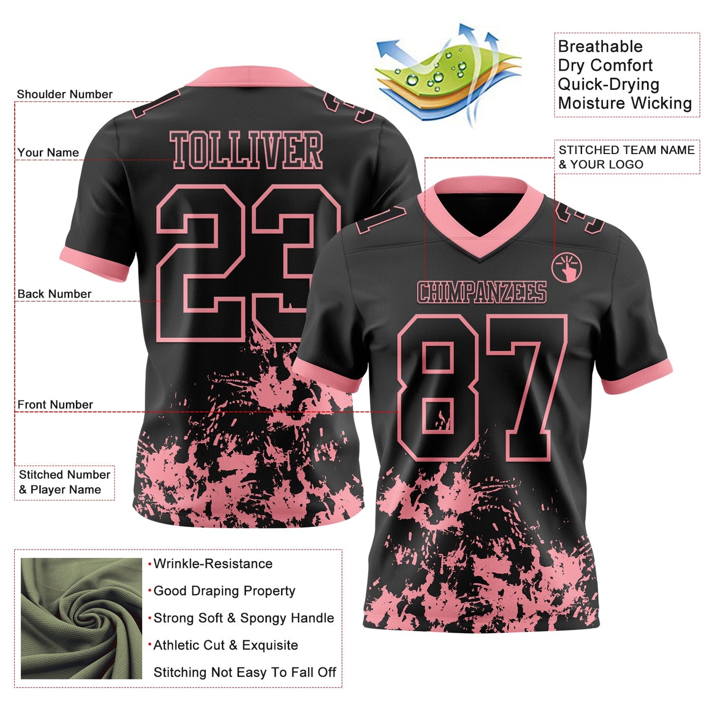 Custom Black Medium Pink 3D Pattern Splash Authentic Football Jersey view 2