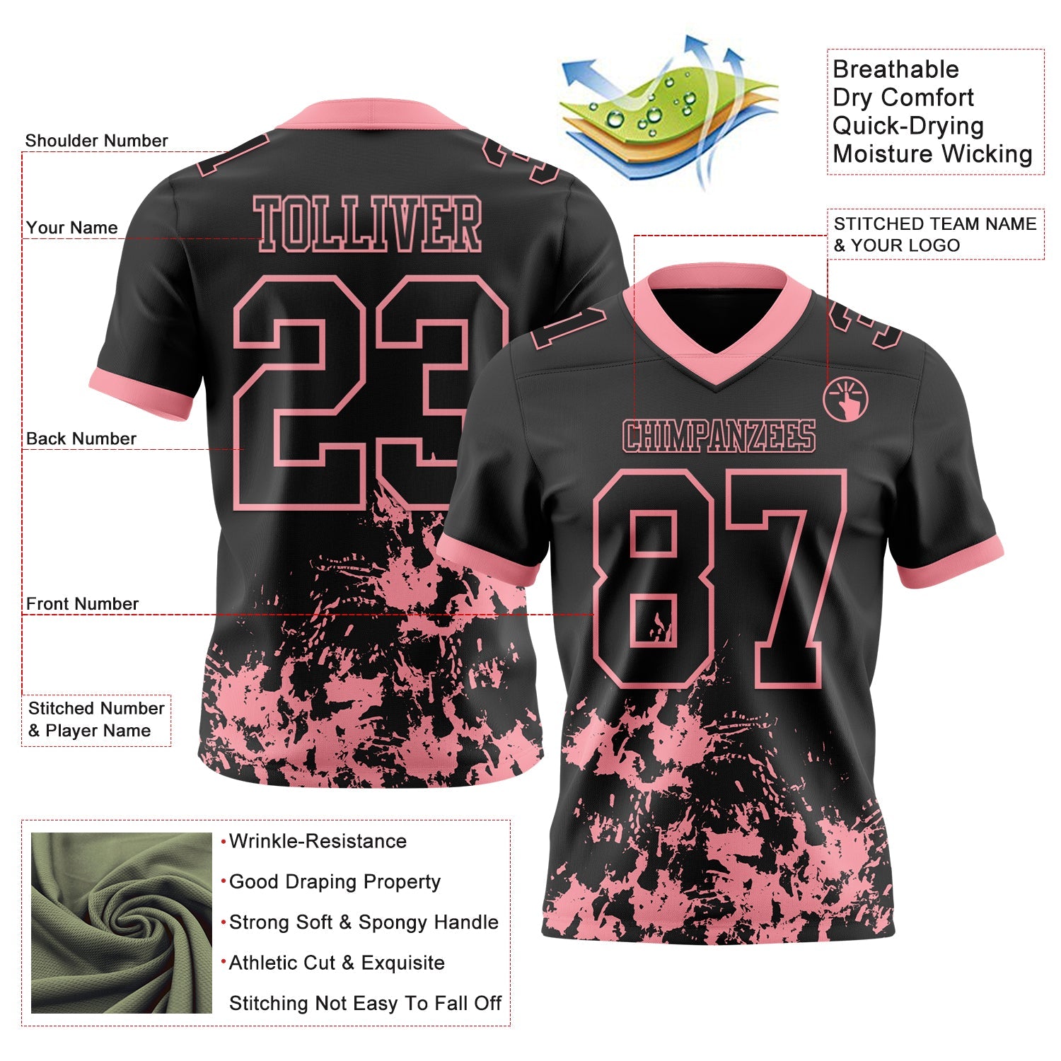 Custom Black Medium Pink 3D Pattern Splash Authentic Football Jersey view 2