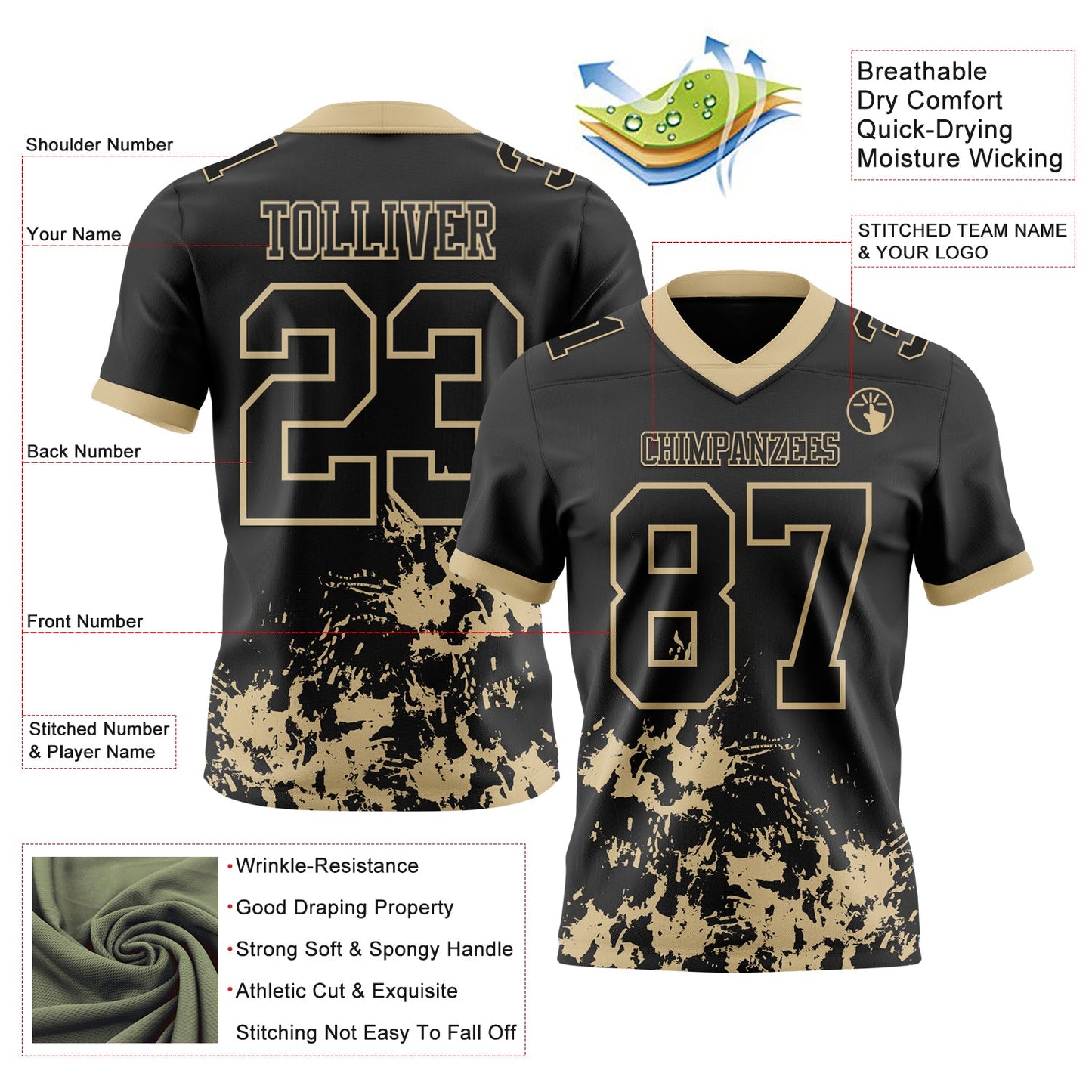 Custom Black Vegas Gold 3D Pattern Splash Authentic Football Jersey view 2