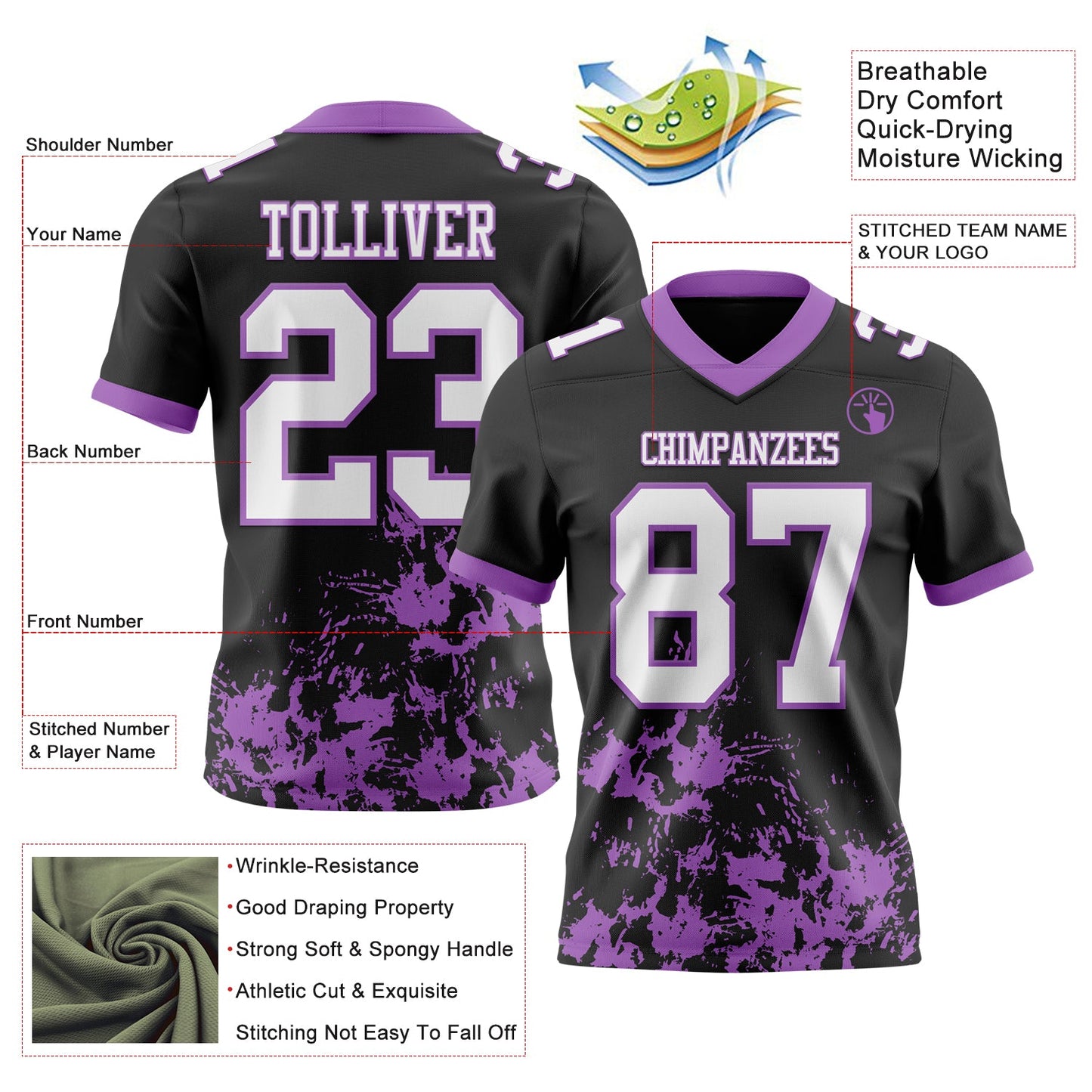 Custom Black White-Medium Purple 3D Pattern Splash Authentic Football Jersey view 2