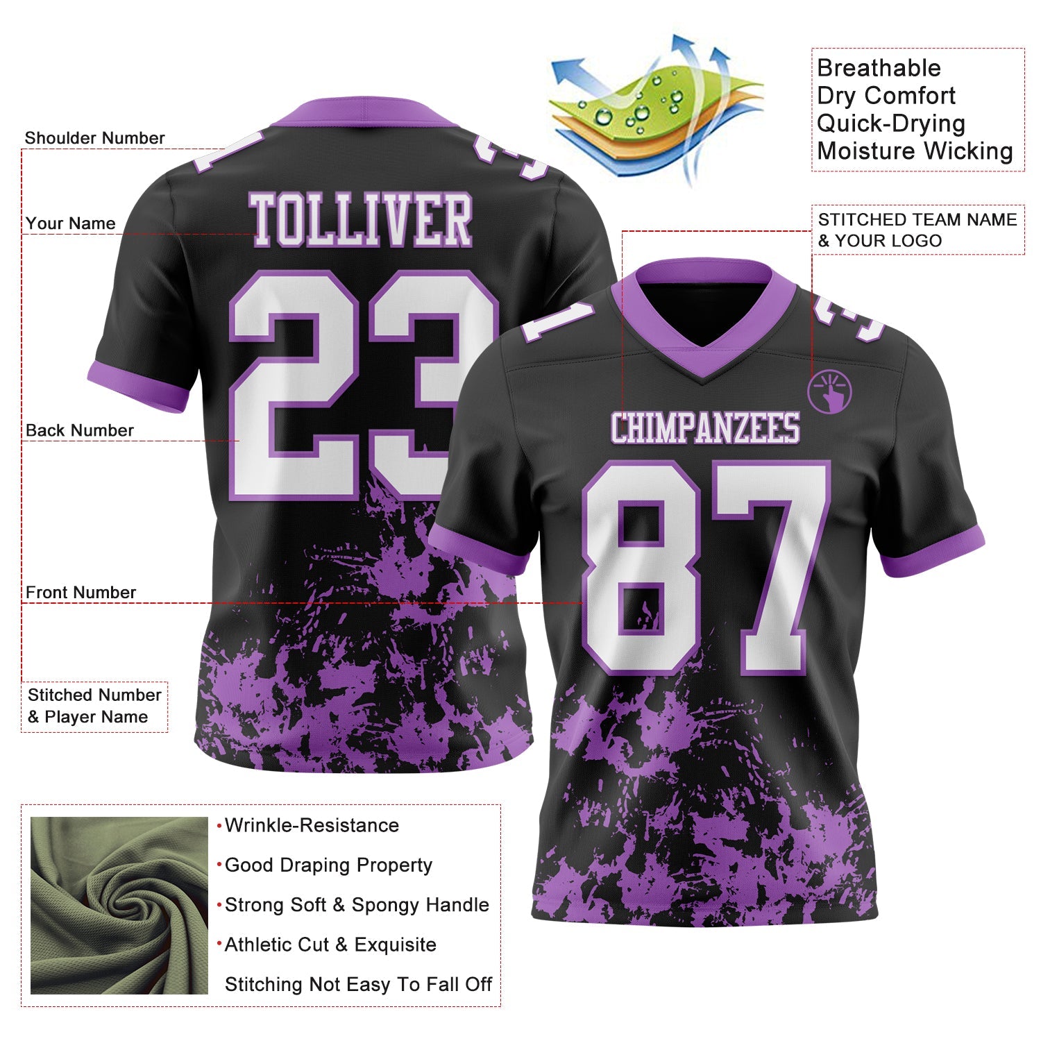 Custom Black White-Medium Purple 3D Pattern Splash Authentic Football Jersey view 2