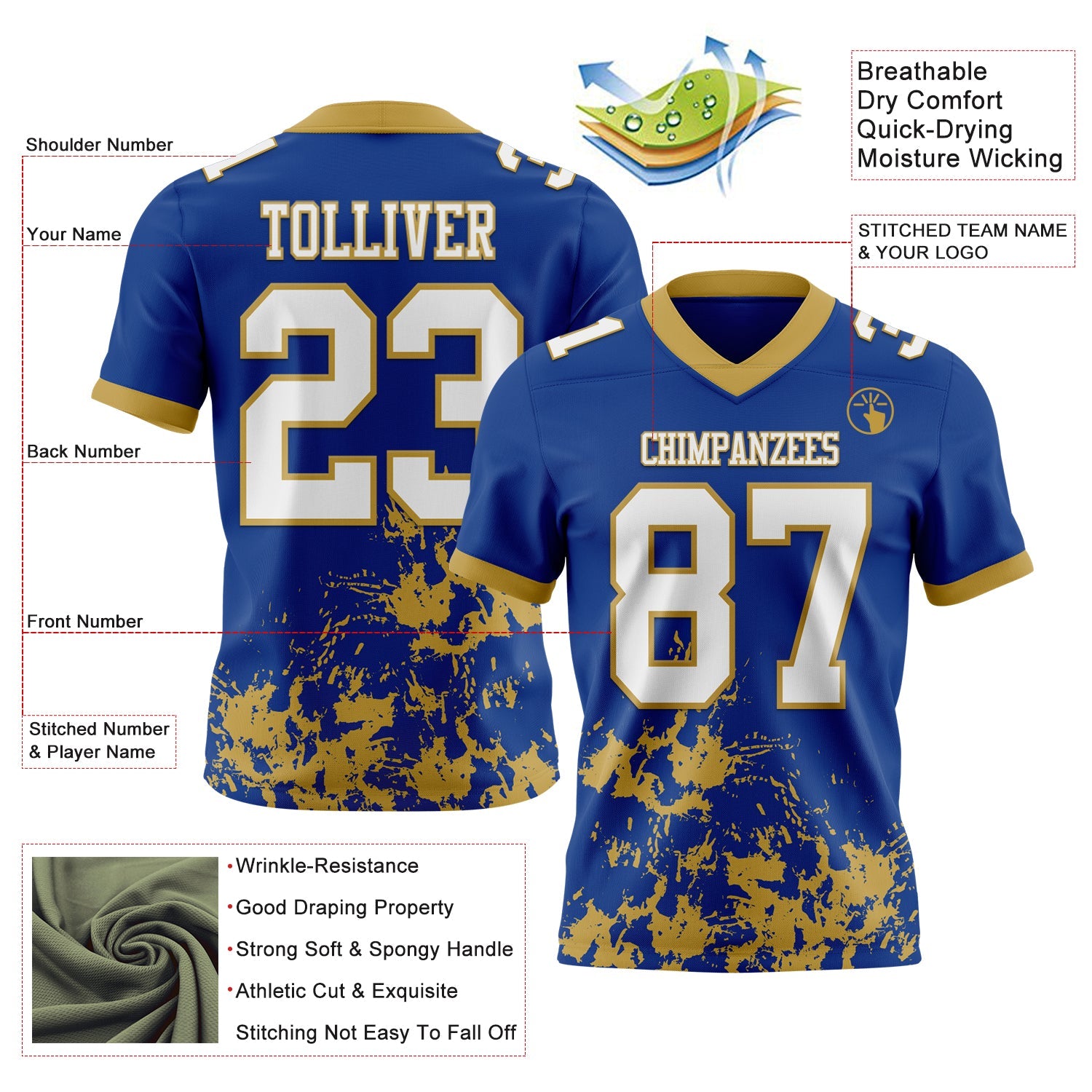 Custom Royal White-Old Gold 3D Pattern Splash Authentic Football Jersey view 2