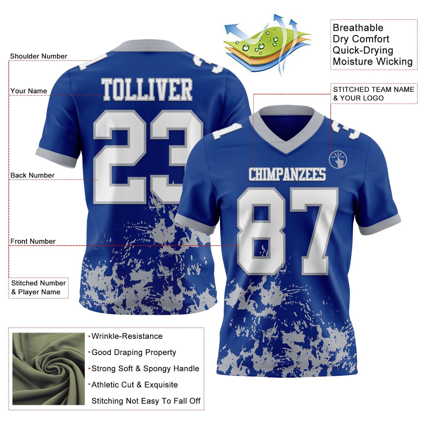 Custom Royal White-Gray 3D Pattern Splash Authentic Football Jersey view 2
