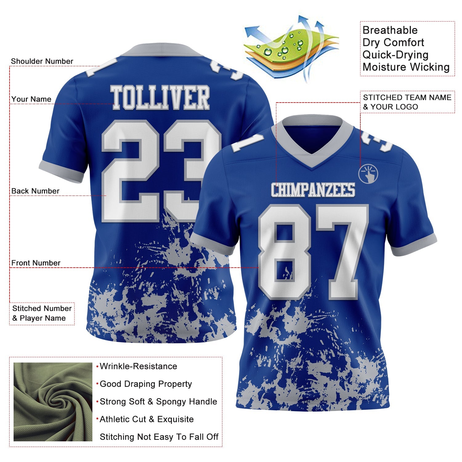 Custom Royal White-Gray 3D Pattern Splash Authentic Football Jersey view 2