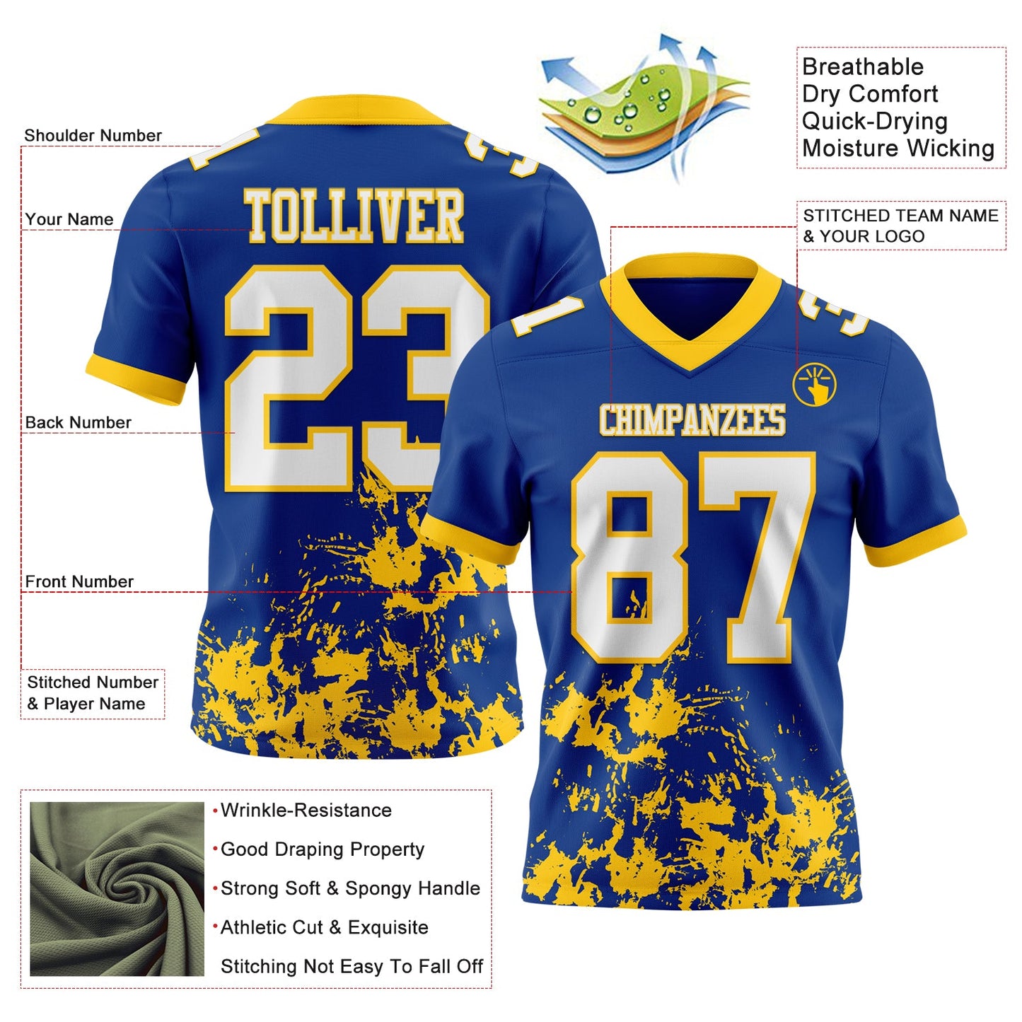 Custom Royal White-Yellow 3D Pattern Splash Authentic Football Jersey view 2