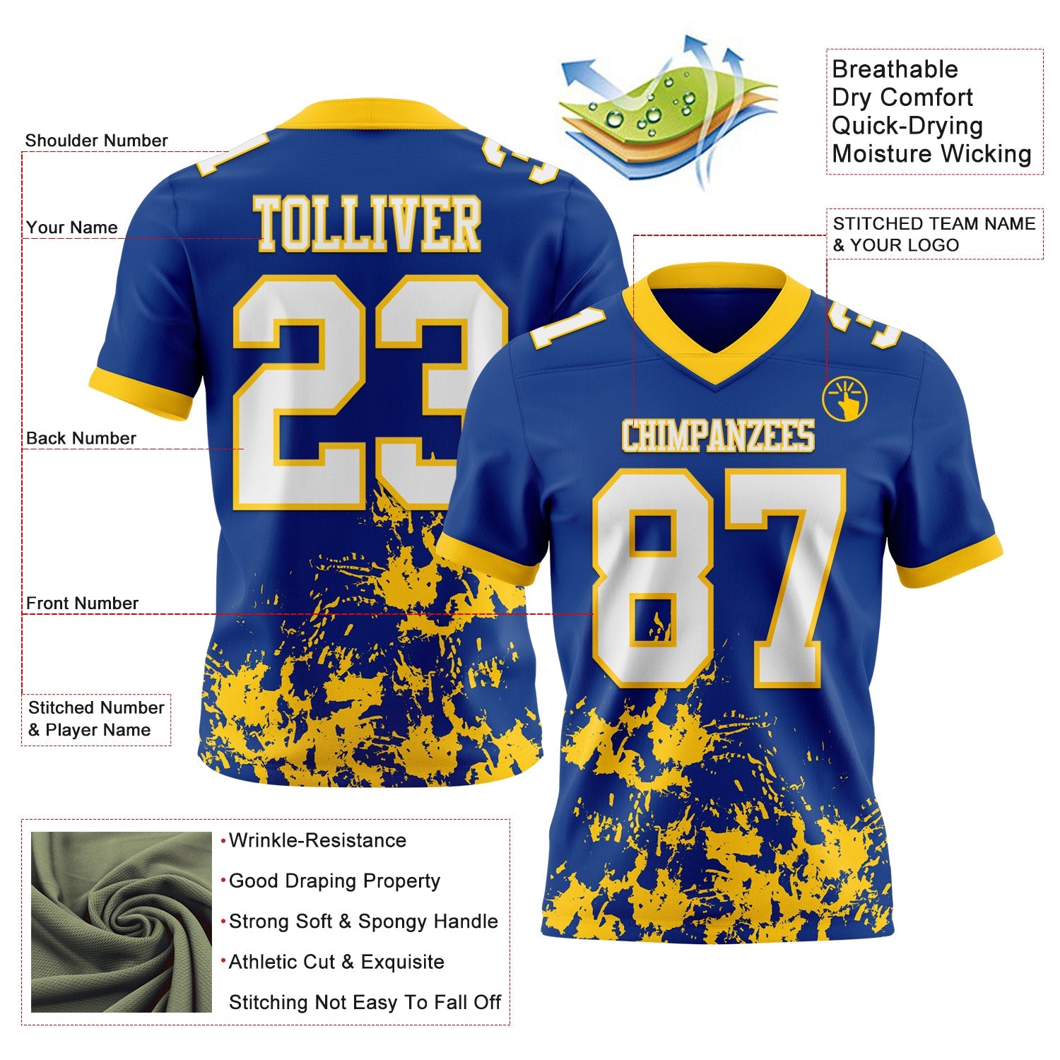Custom Royal White-Yellow 3D Pattern Splash Authentic Football Jersey view 2