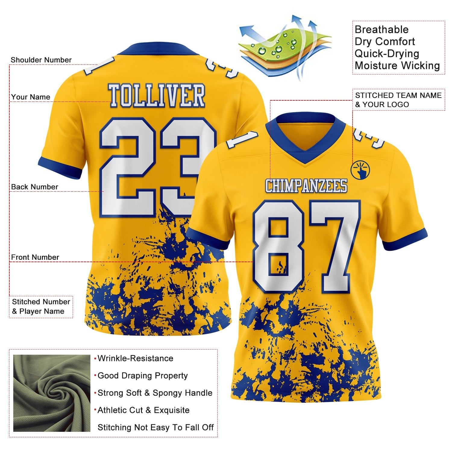 Custom Gold White-Royal 3D Pattern Splash Authentic Football Jersey view 2