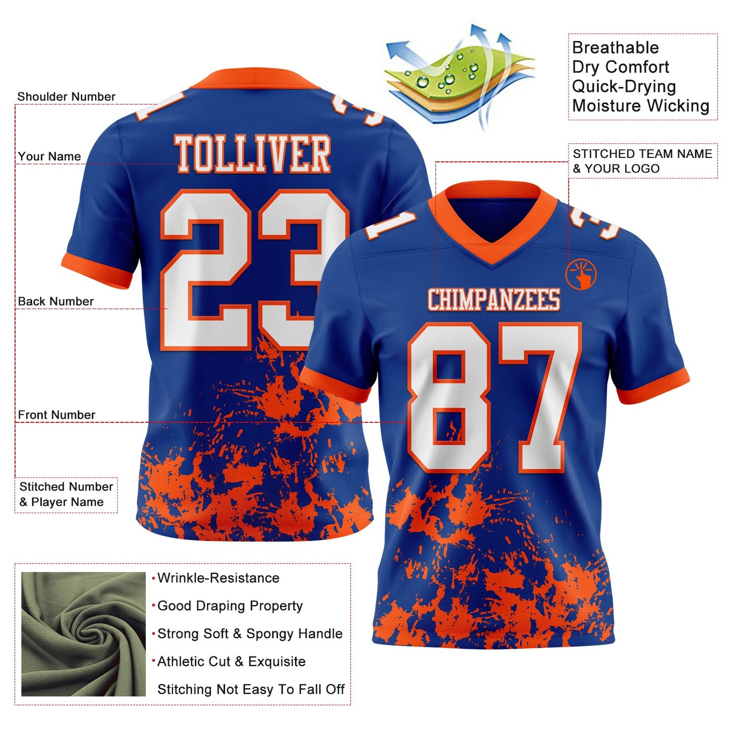 Custom Royal White-Orange 3D Pattern Splash Authentic Football Jersey view 2