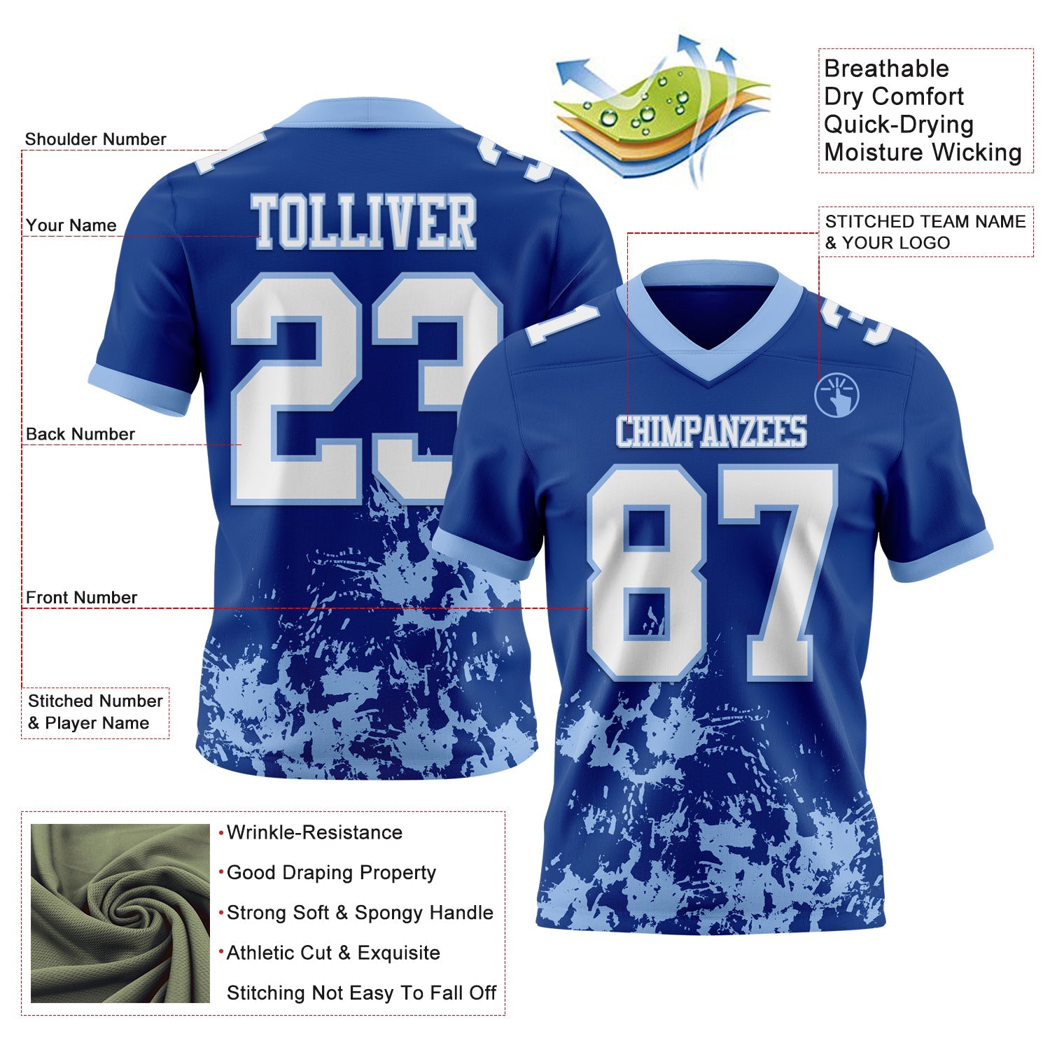 Custom Royal White-Light Blue 3D Pattern Splash Authentic Football Jersey view 2