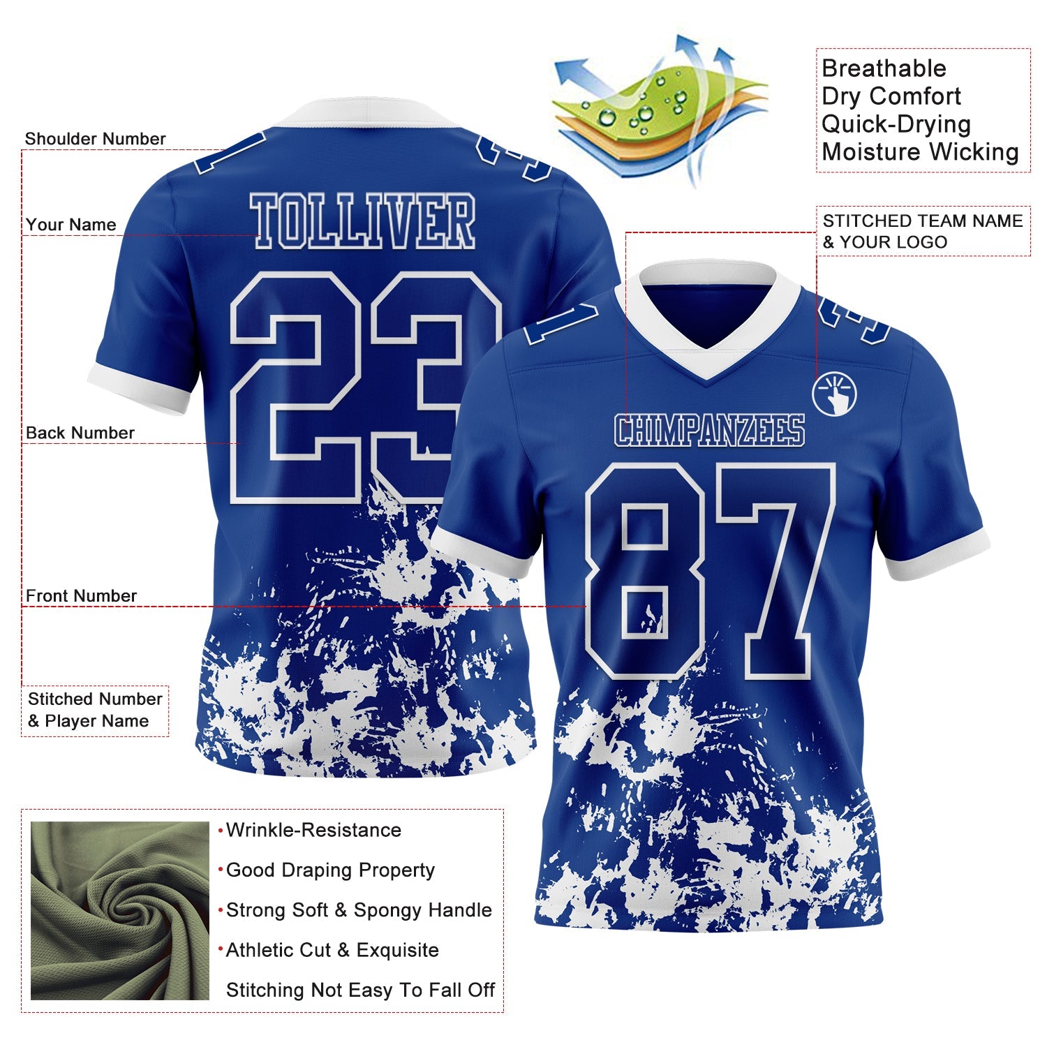 Custom Royal White 3D Pattern Splash Authentic Football Jersey view 2