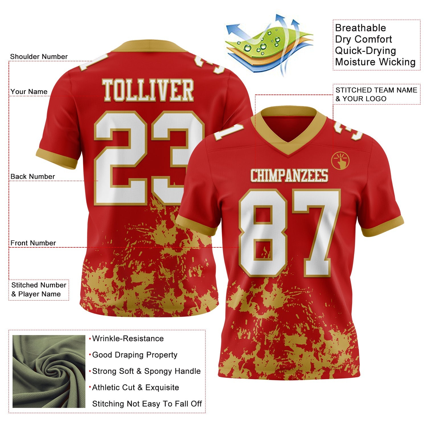 Custom Red White-Old Gold 3D Pattern Splash Authentic Football Jersey view 2