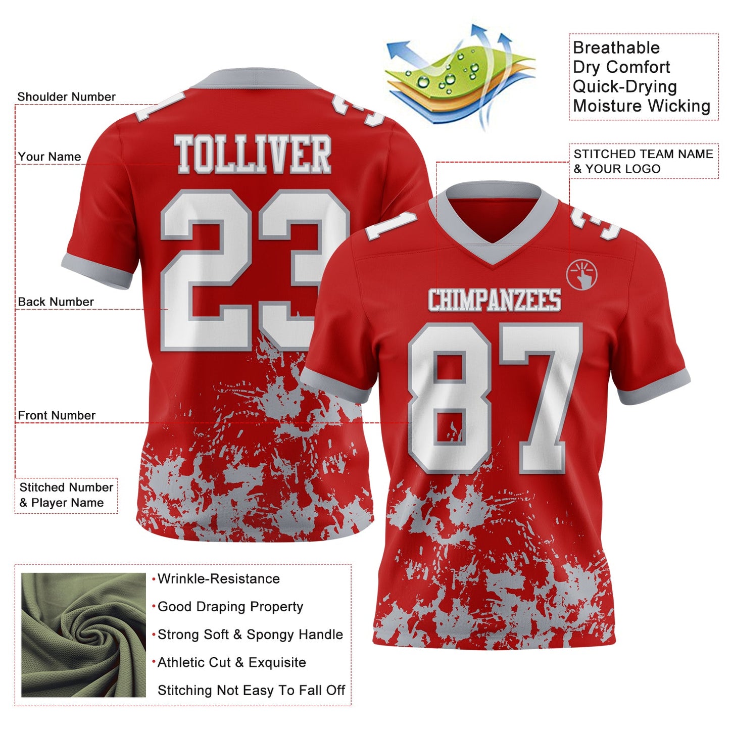 Custom Red White-Gray 3D Pattern Splash Authentic Football Jersey view 2