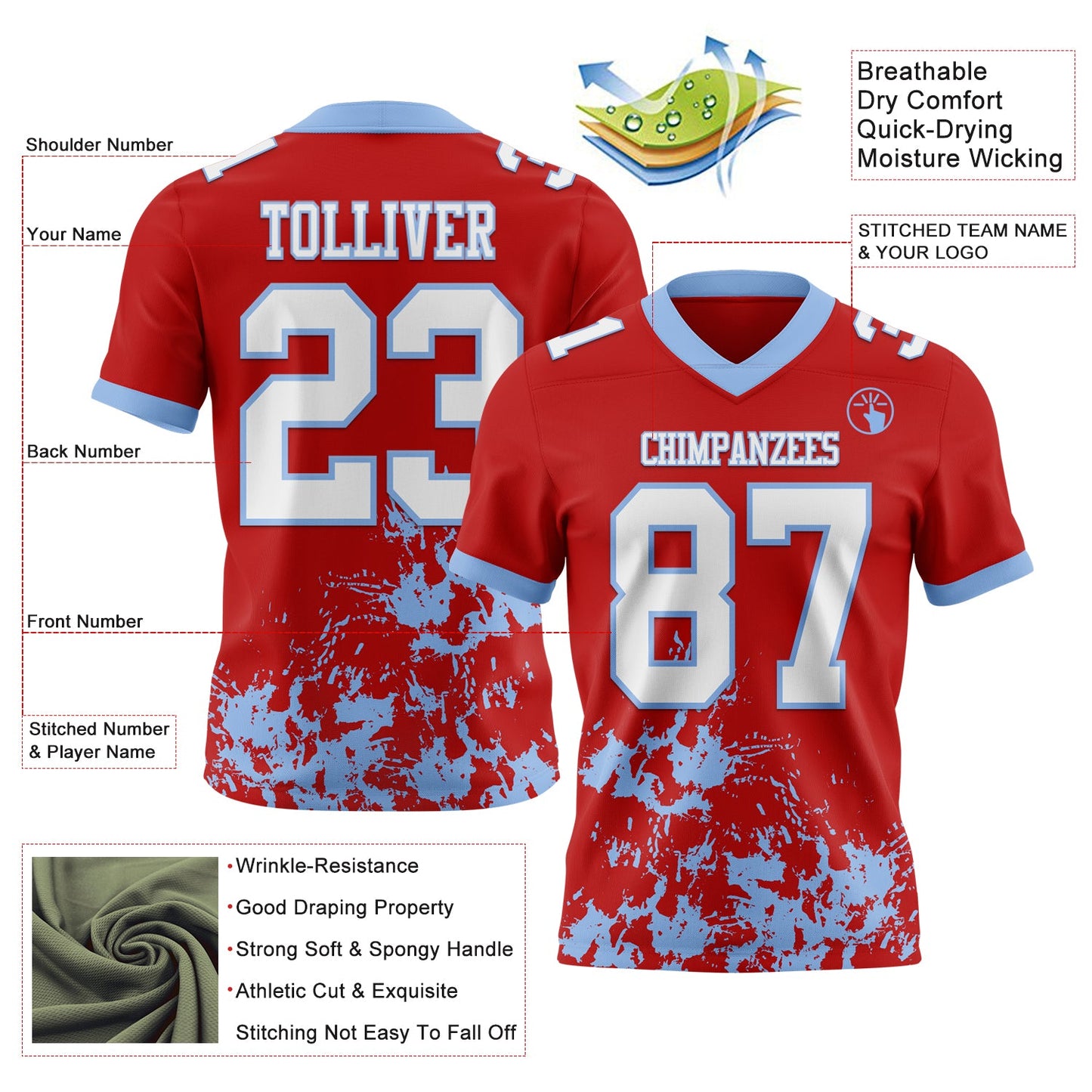 Custom Red White-Light Blue 3D Pattern Splash Authentic Football Jersey view 2