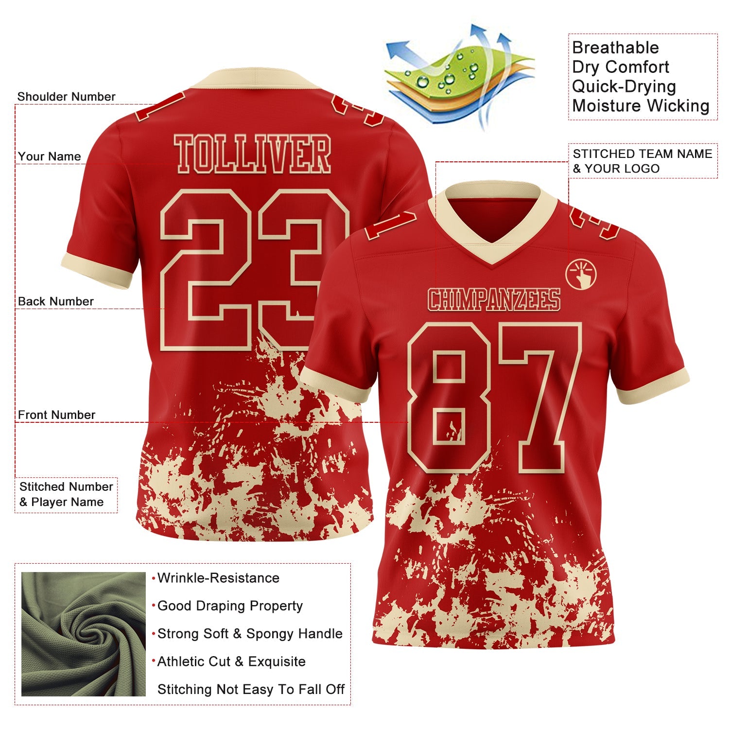 Custom Red Cream 3D Pattern Splash Authentic Football Jersey view 2