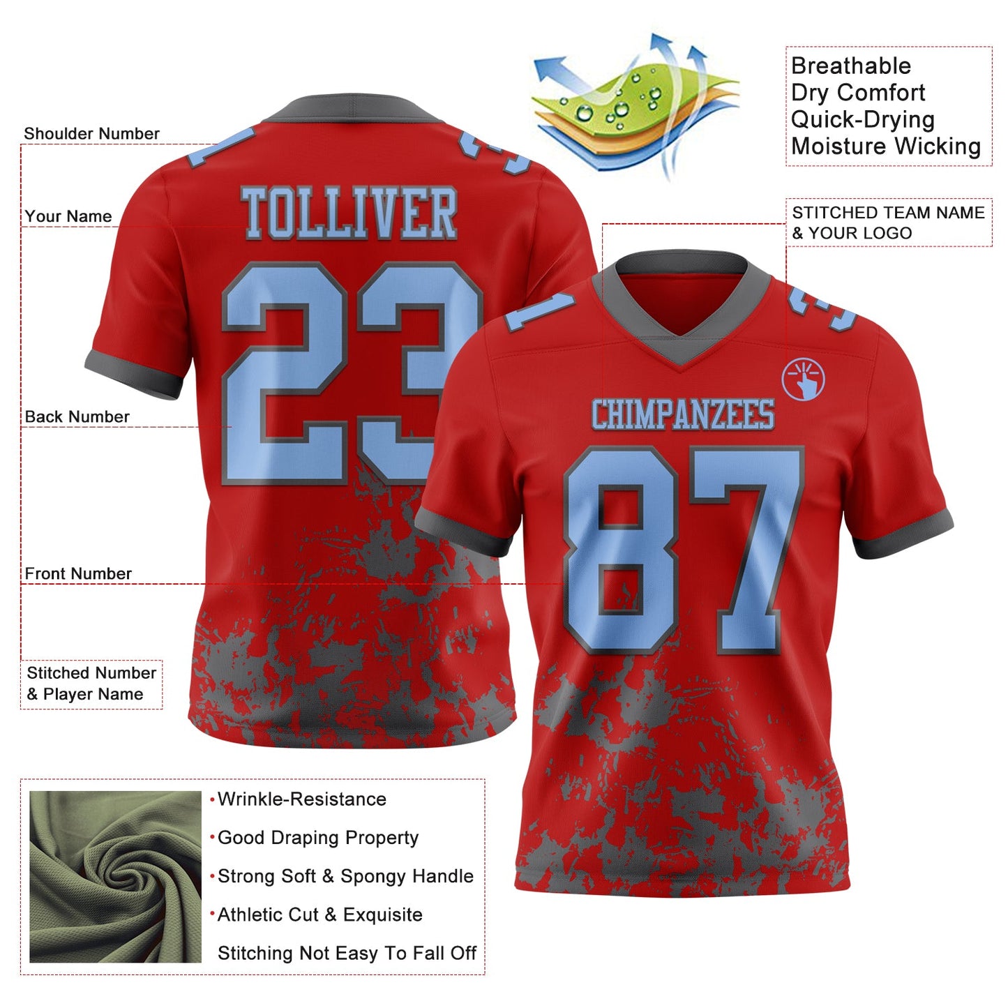 Custom Red Light Blue-Steel Gray 3D Pattern Splash Authentic Football Jersey view 2