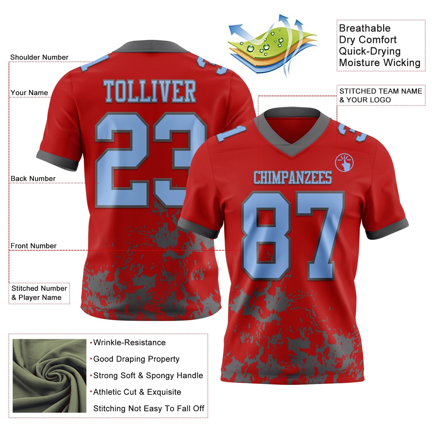 Custom Red Light Blue-Steel Gray 3D Pattern Splash Authentic Football Jersey view 2