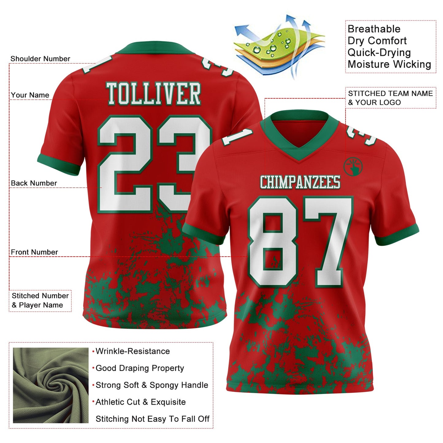 Custom Red White-Kelly Green 3D Pattern Splash Authentic Football Jersey view 2