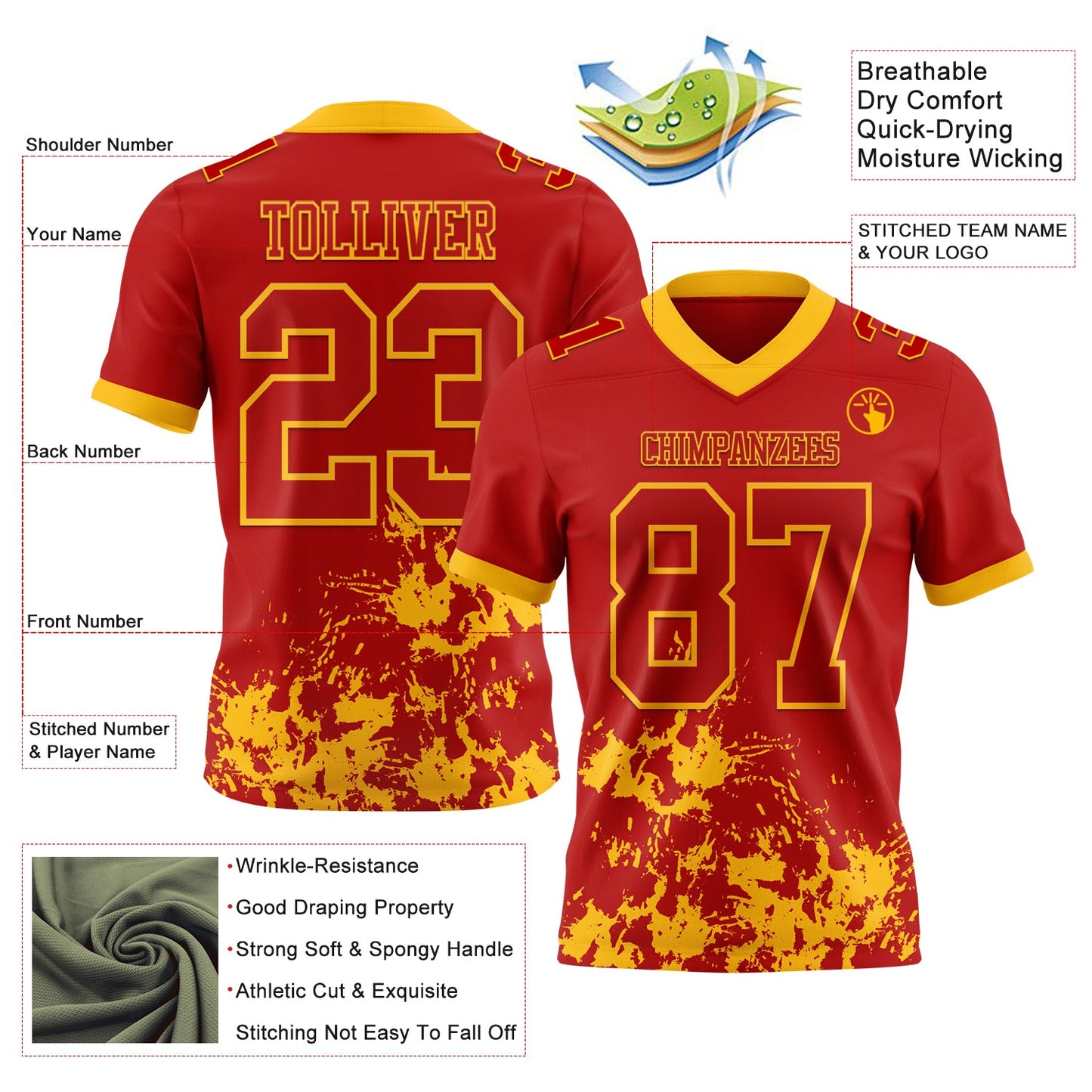 Custom Red Gold 3D Pattern Splash Authentic Football Jersey view 2