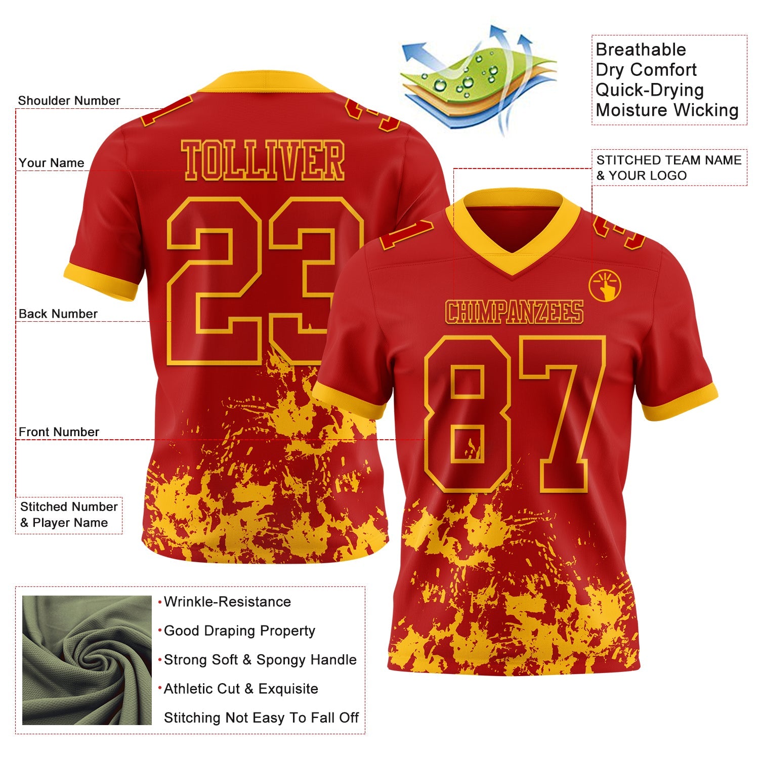 Custom Red Gold 3D Pattern Splash Authentic Football Jersey view 2
