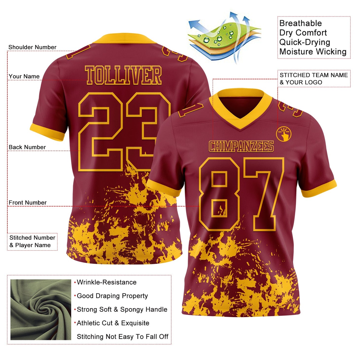 Custom Crimson Gold 3D Pattern Splash Authentic Football Jersey view 2