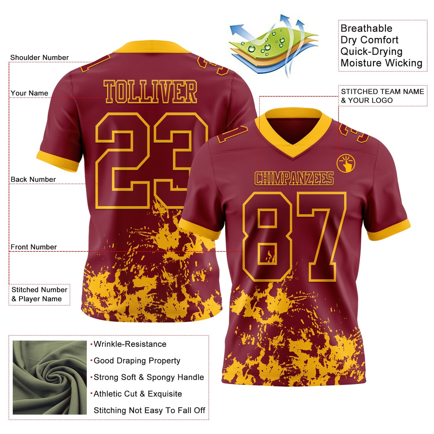 Custom Crimson Gold 3D Pattern Splash Authentic Football Jersey view 2