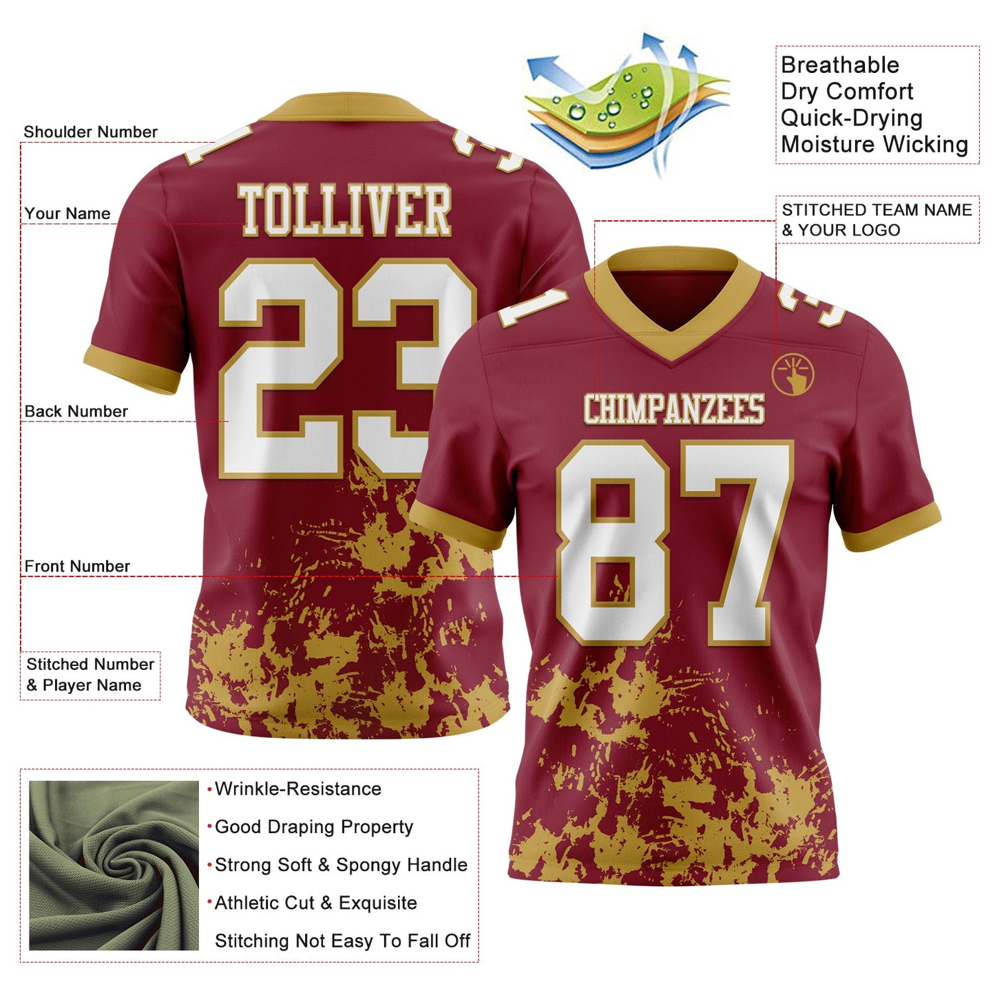 Custom Crimson White-Old Gold 3D Pattern Splash Authentic Football Jersey view 2