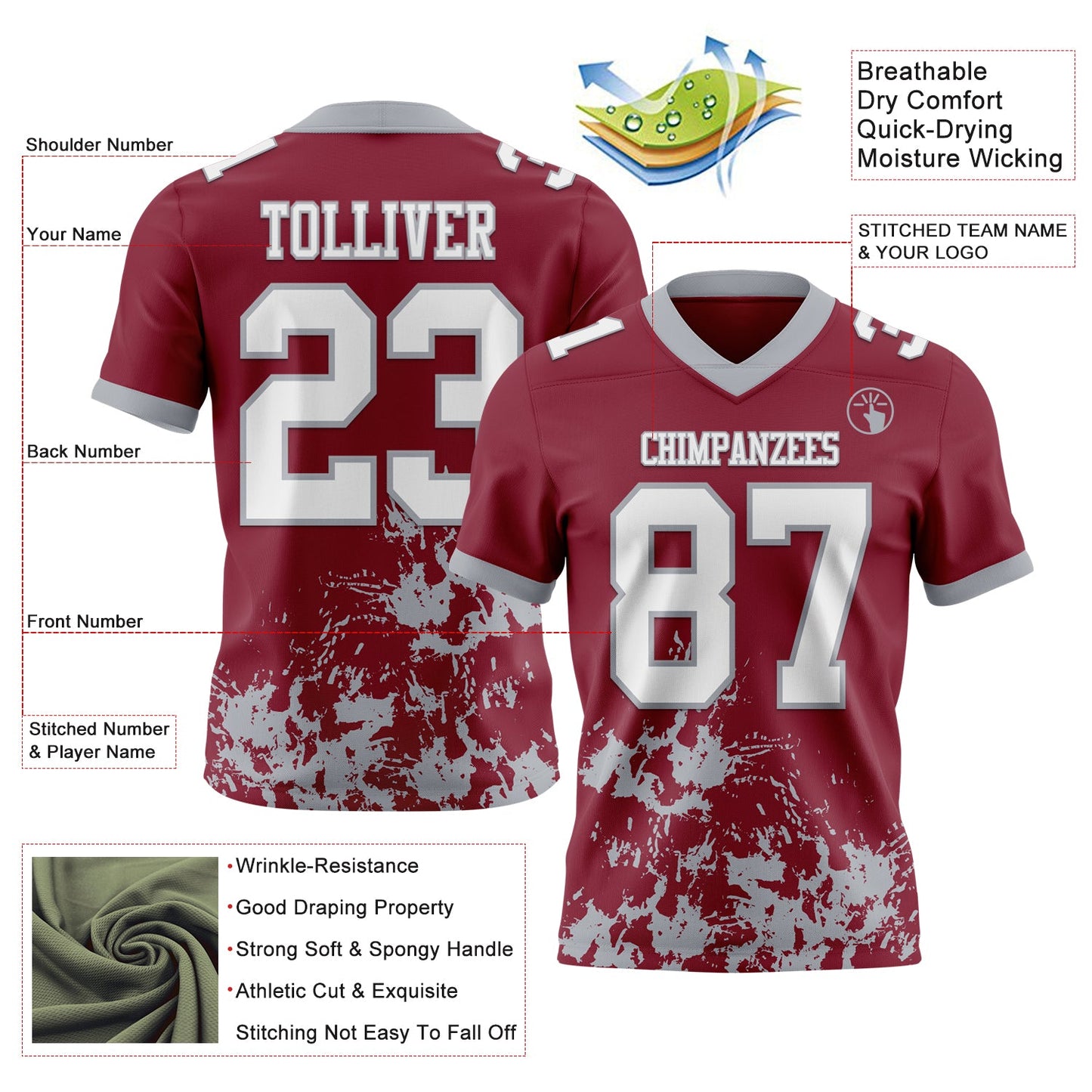Custom Crimson White-Gray 3D Pattern Splash Authentic Football Jersey view 2