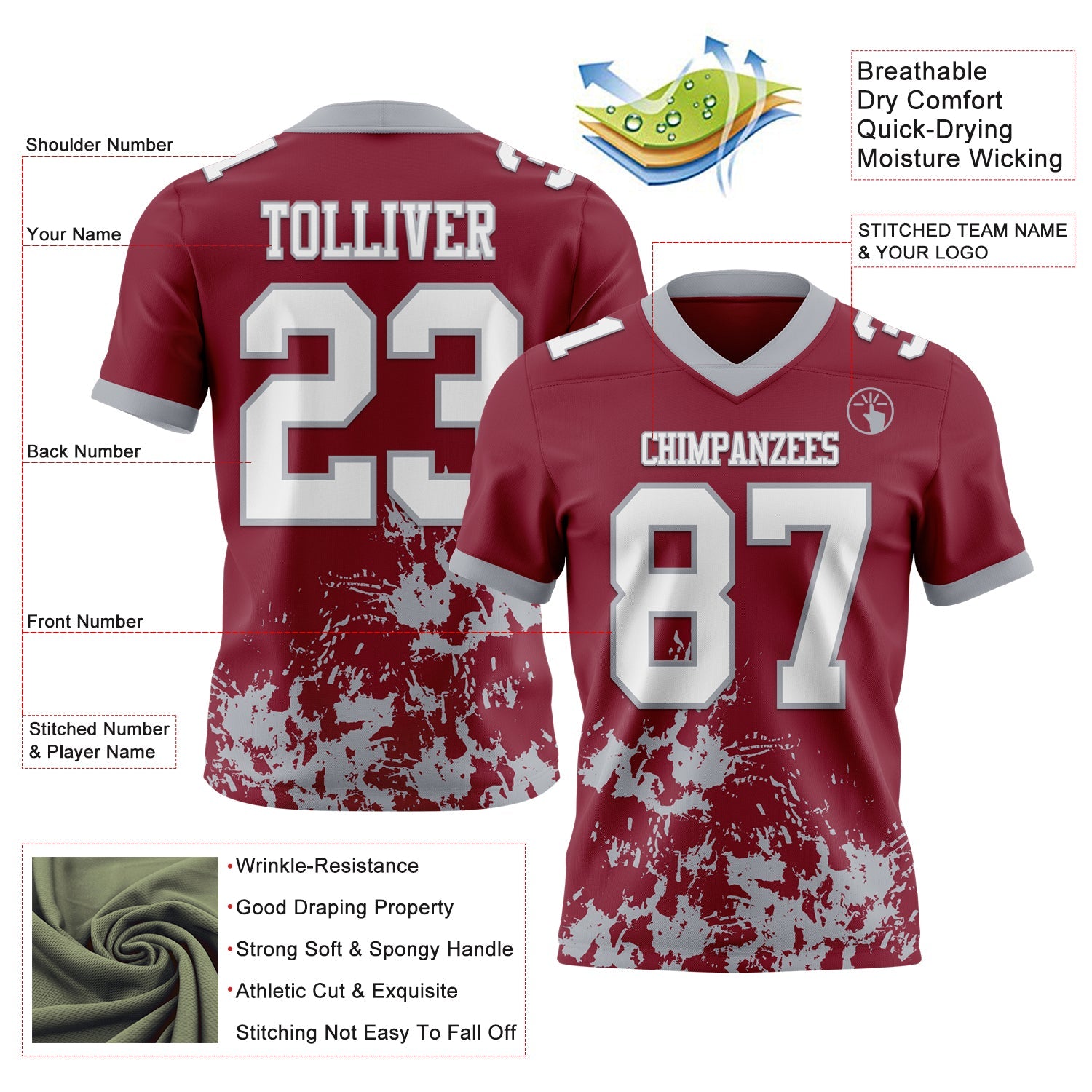 Custom Crimson White-Gray 3D Pattern Splash Authentic Football Jersey view 2