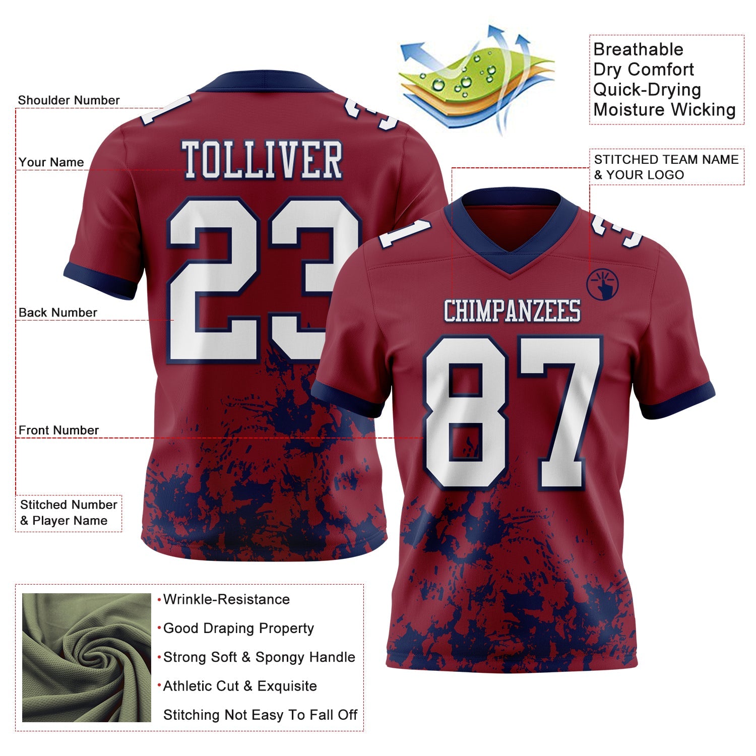 Custom Crimson White-Navy 3D Pattern Splash Authentic Football Jersey view 2