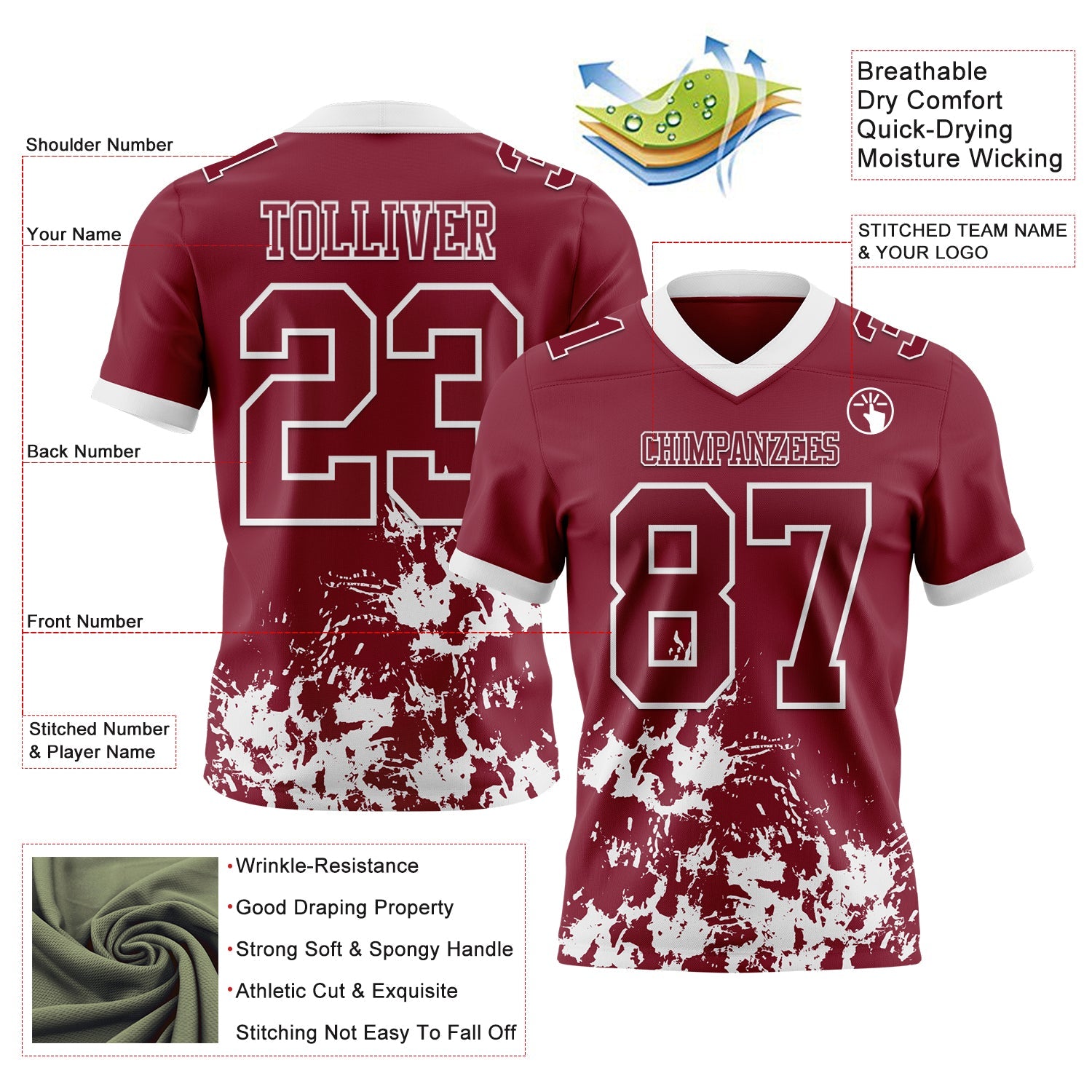 Custom Crimson White 3D Pattern Splash Authentic Football Jersey view 2